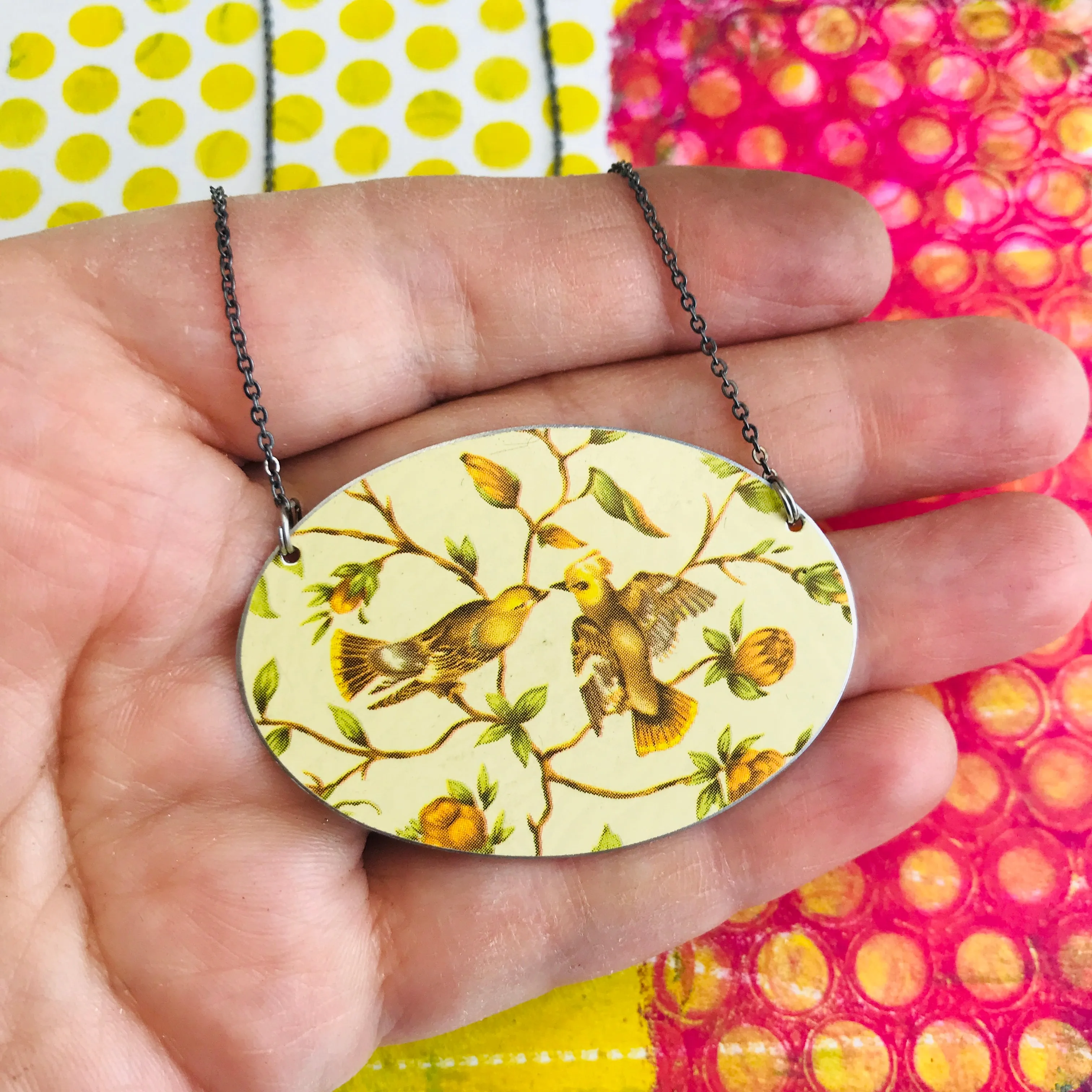 Goldfinches & Orange Flowers Zero Waste Tin Circle Necklace
