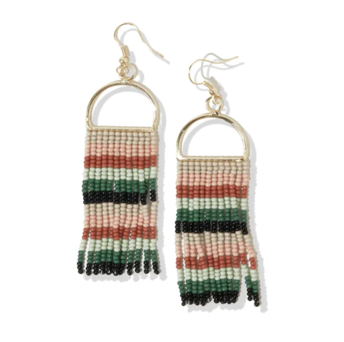Green Mint Black Horizontal Stripe On Arch Fringe Seed Bead Earrings by Ink & Alloy