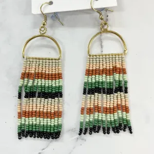 Green Mint Black Horizontal Stripe On Arch Fringe Seed Bead Earrings by Ink & Alloy