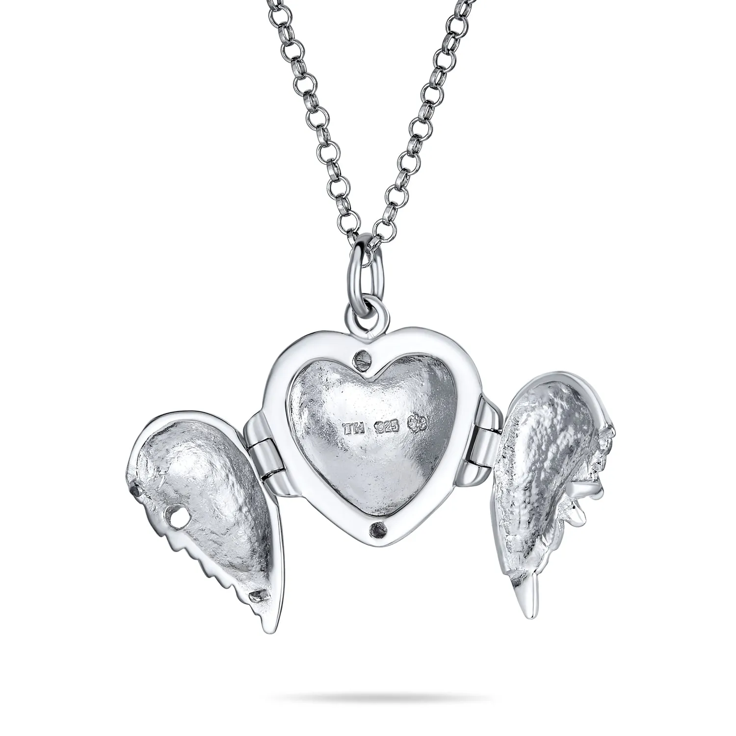 Guardian Angel Wing Feather Heart Photo Locket Pendant Necklace Sterling Silver