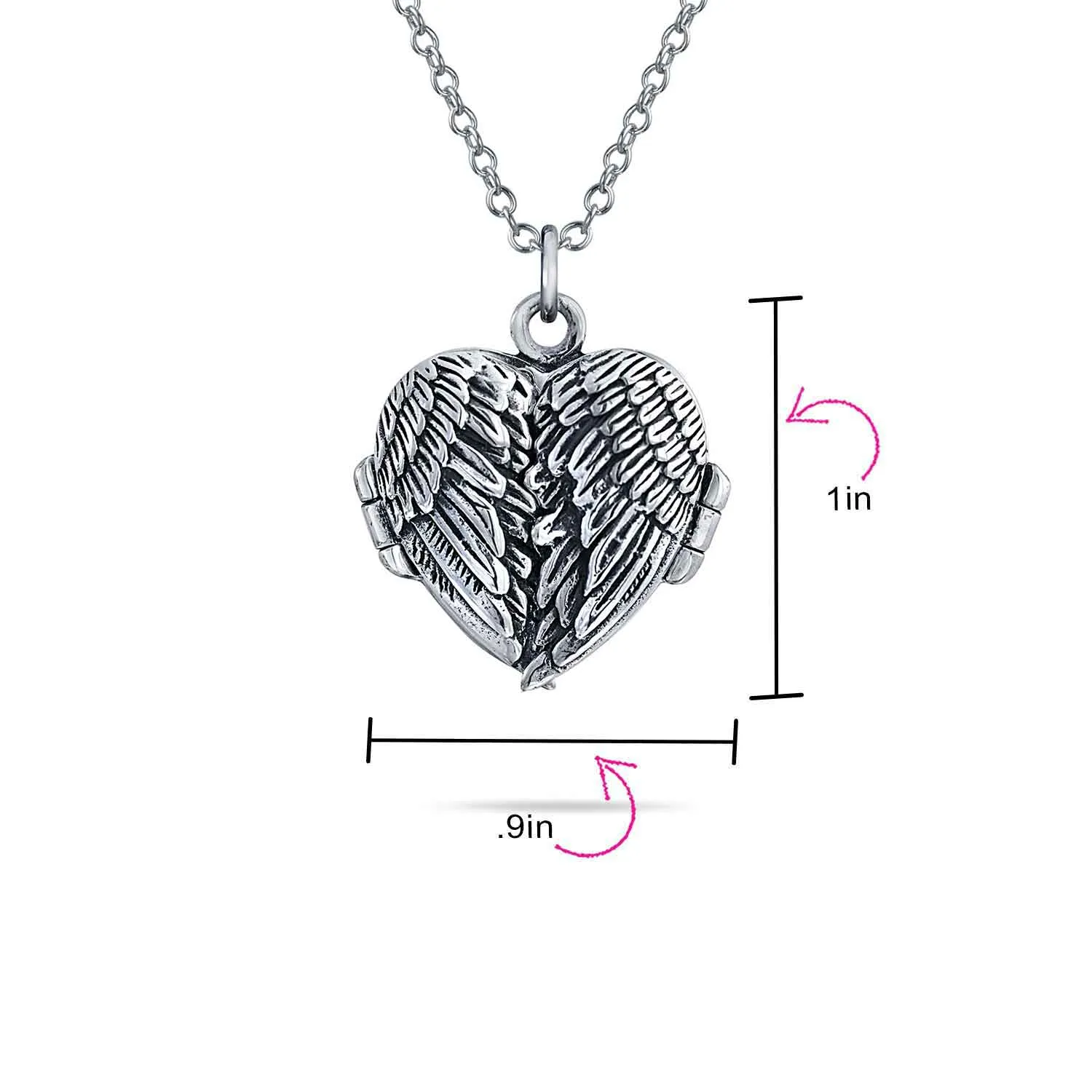 Guardian Angel Wing Feather Heart Photo Locket Pendant Necklace Sterling Silver