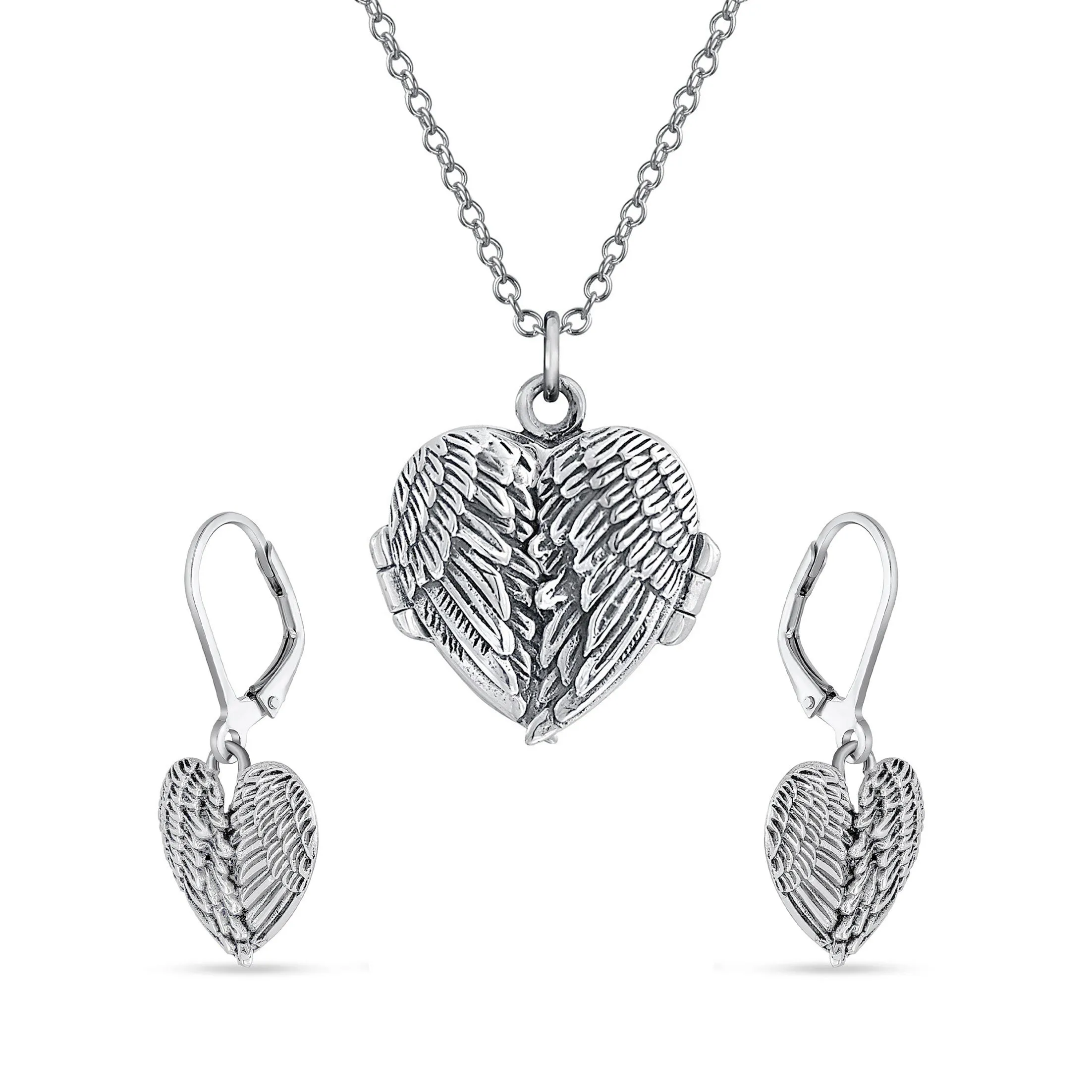 Guardian Angel Wing Feather Heart Photo Locket Pendant Necklace Sterling Silver