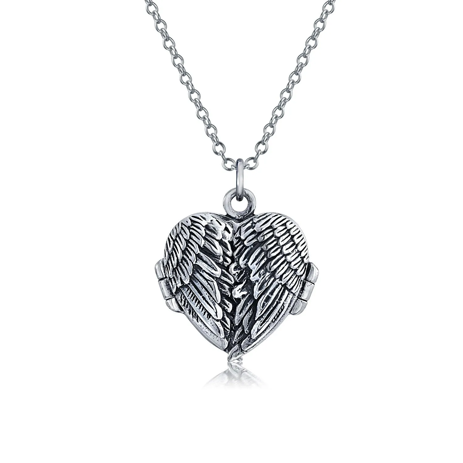 Guardian Angel Wing Feather Heart Photo Locket Pendant Necklace Sterling Silver
