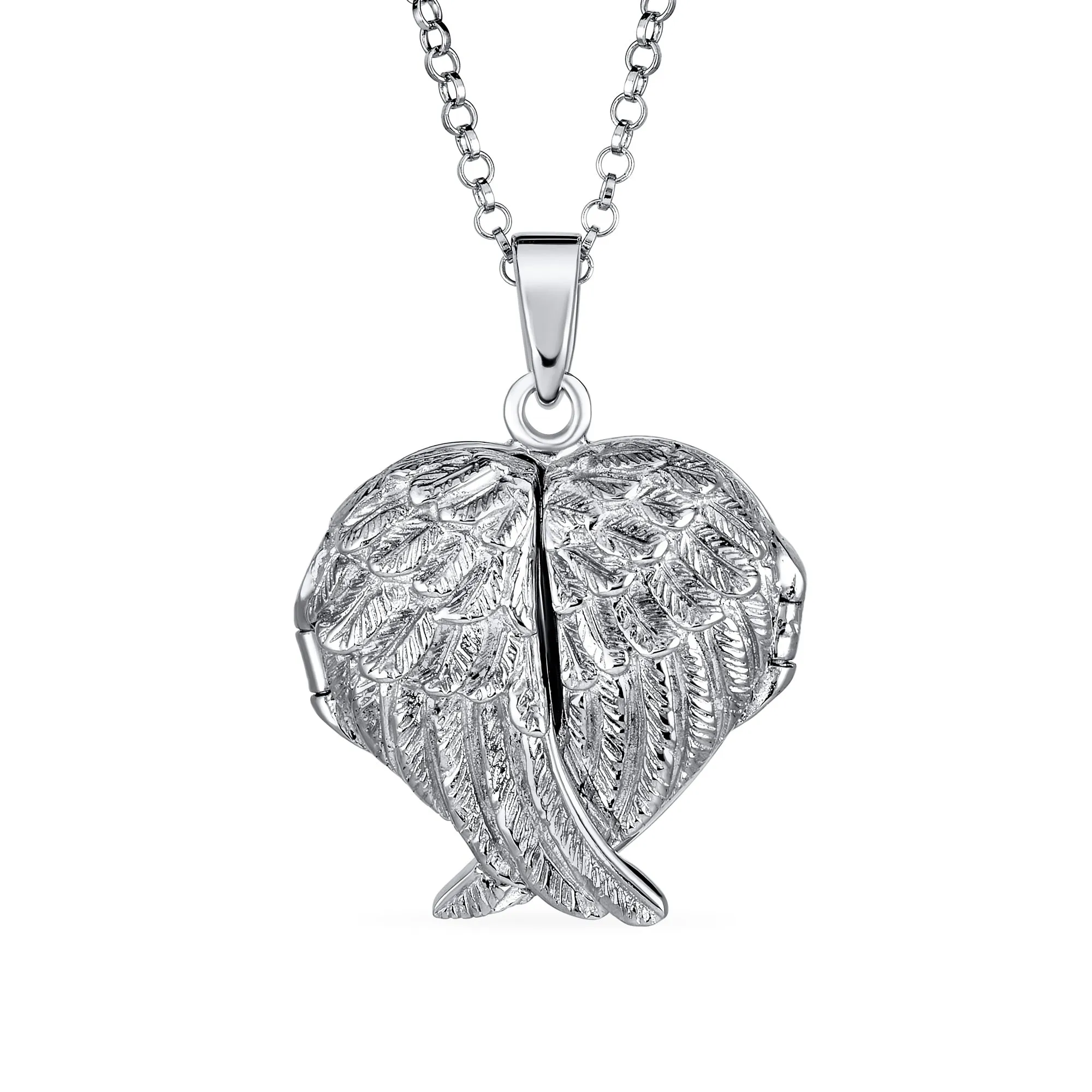 Guardian Angel Wing Feather Heart Photo Locket Pendant Necklace Sterling Silver