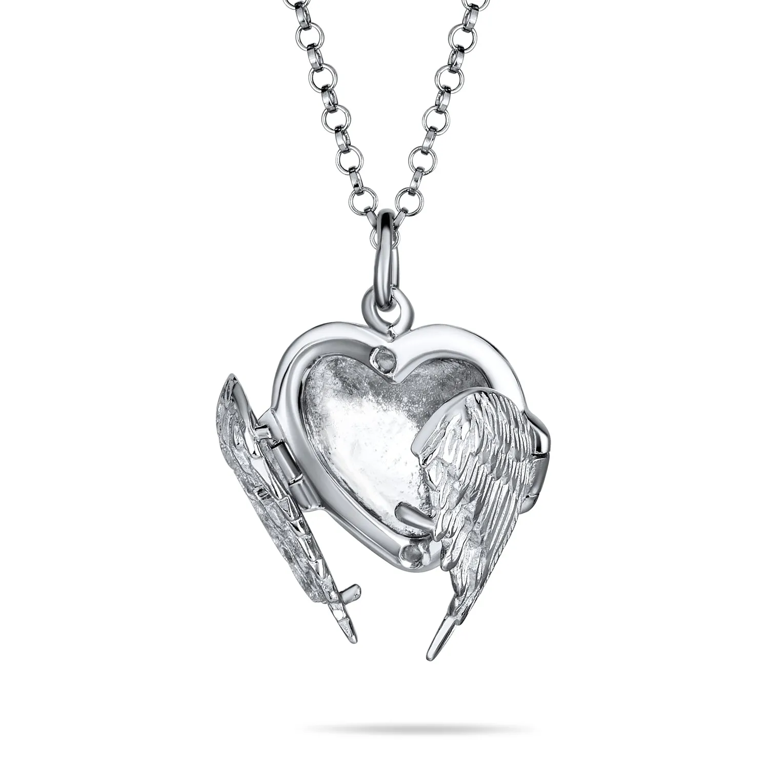 Guardian Angel Wing Feather Heart Photo Locket Pendant Necklace Sterling Silver
