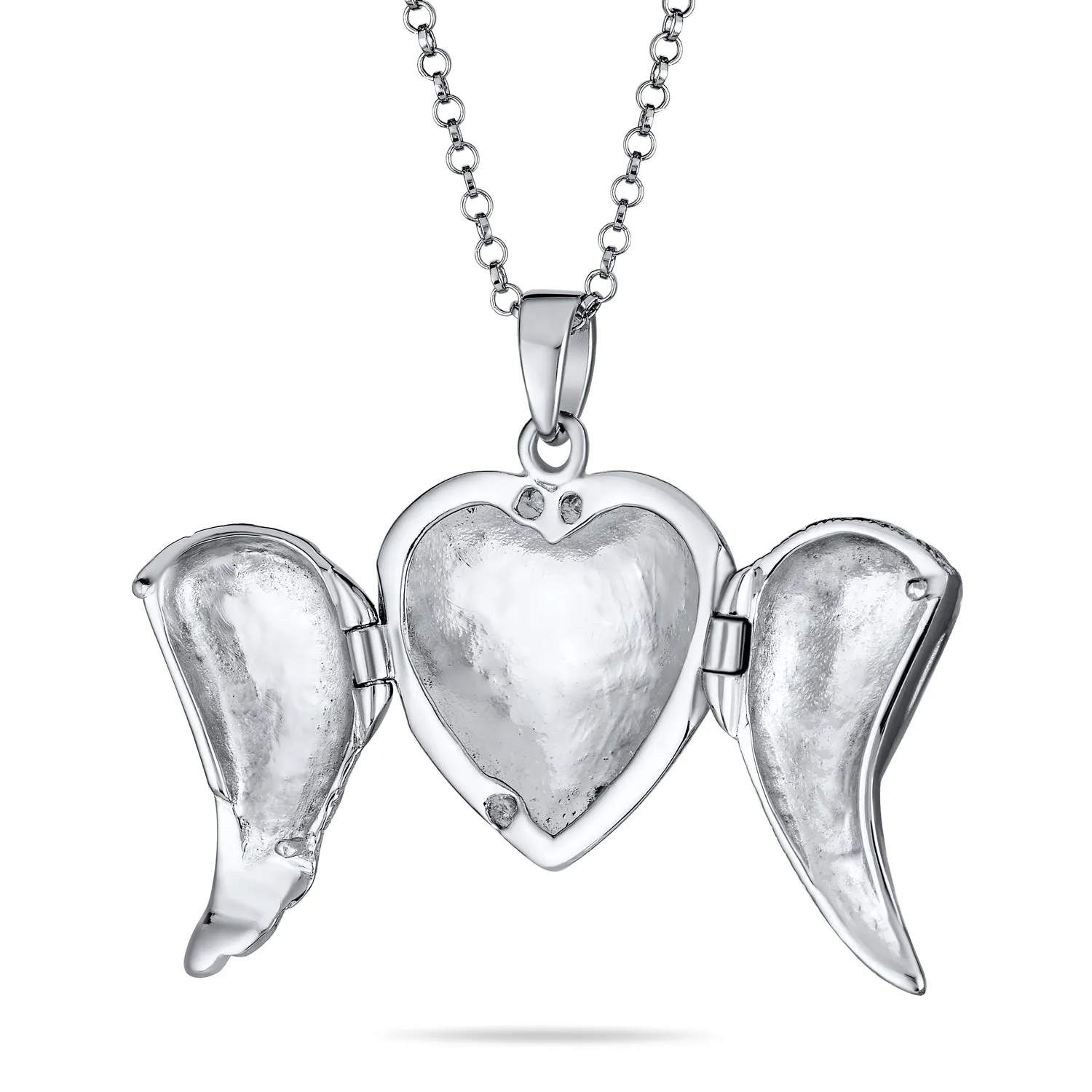Guardian Angel Wing Feather Heart Photo Locket Pendant Necklace Sterling Silver