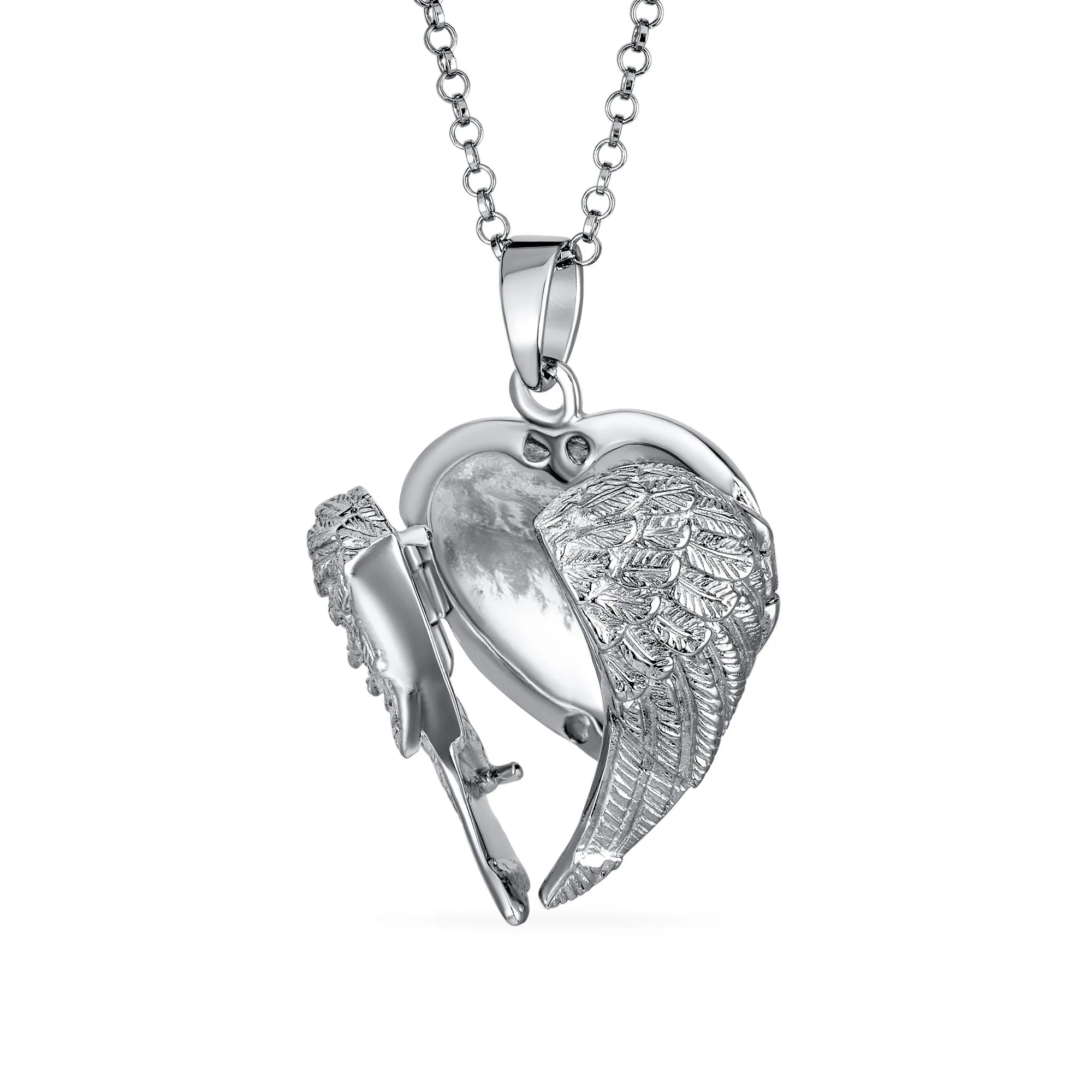 Guardian Angel Wing Feather Heart Photo Locket Pendant Necklace Sterling Silver
