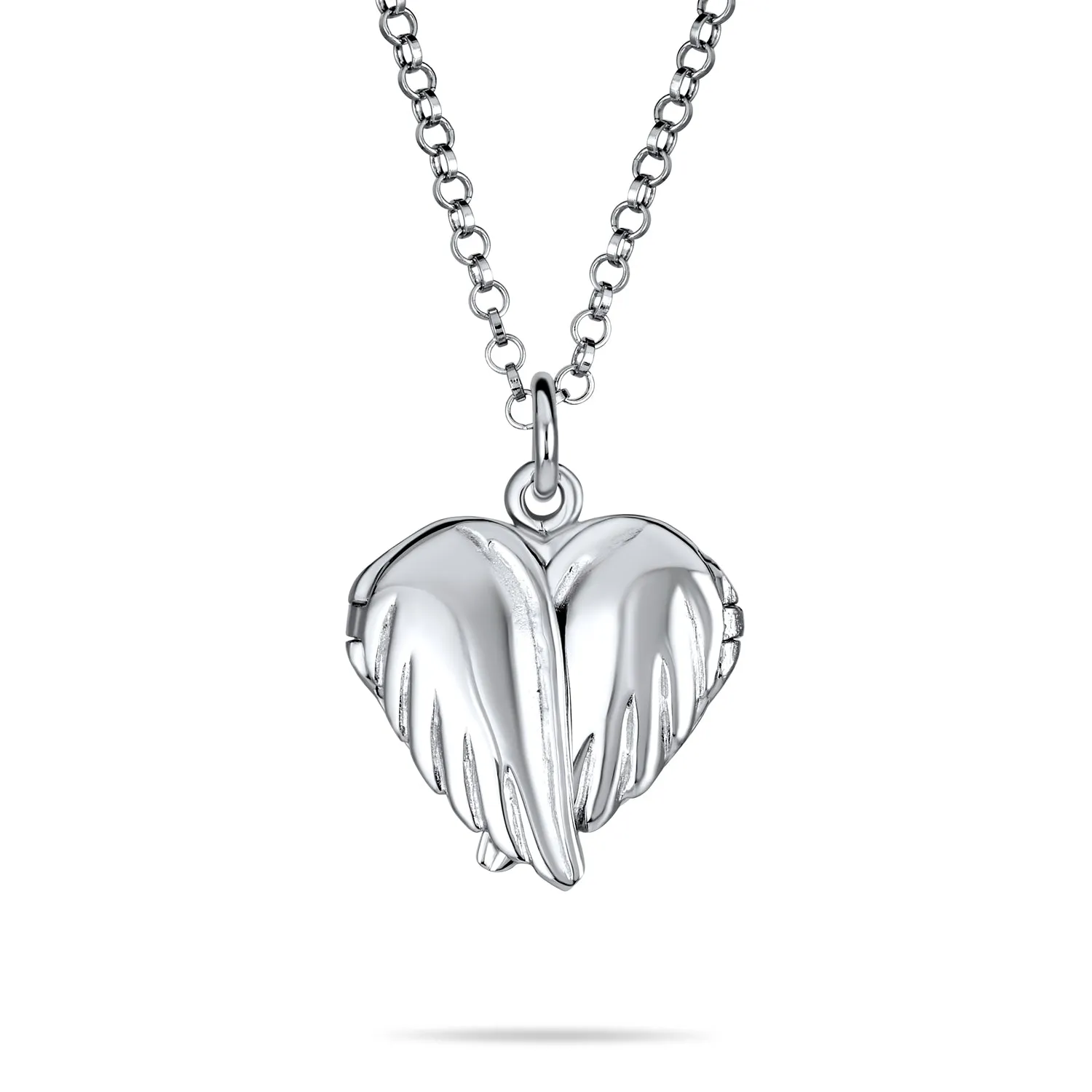 Guardian Angel Wing Feather Heart Photo Locket Pendant Necklace Sterling Silver