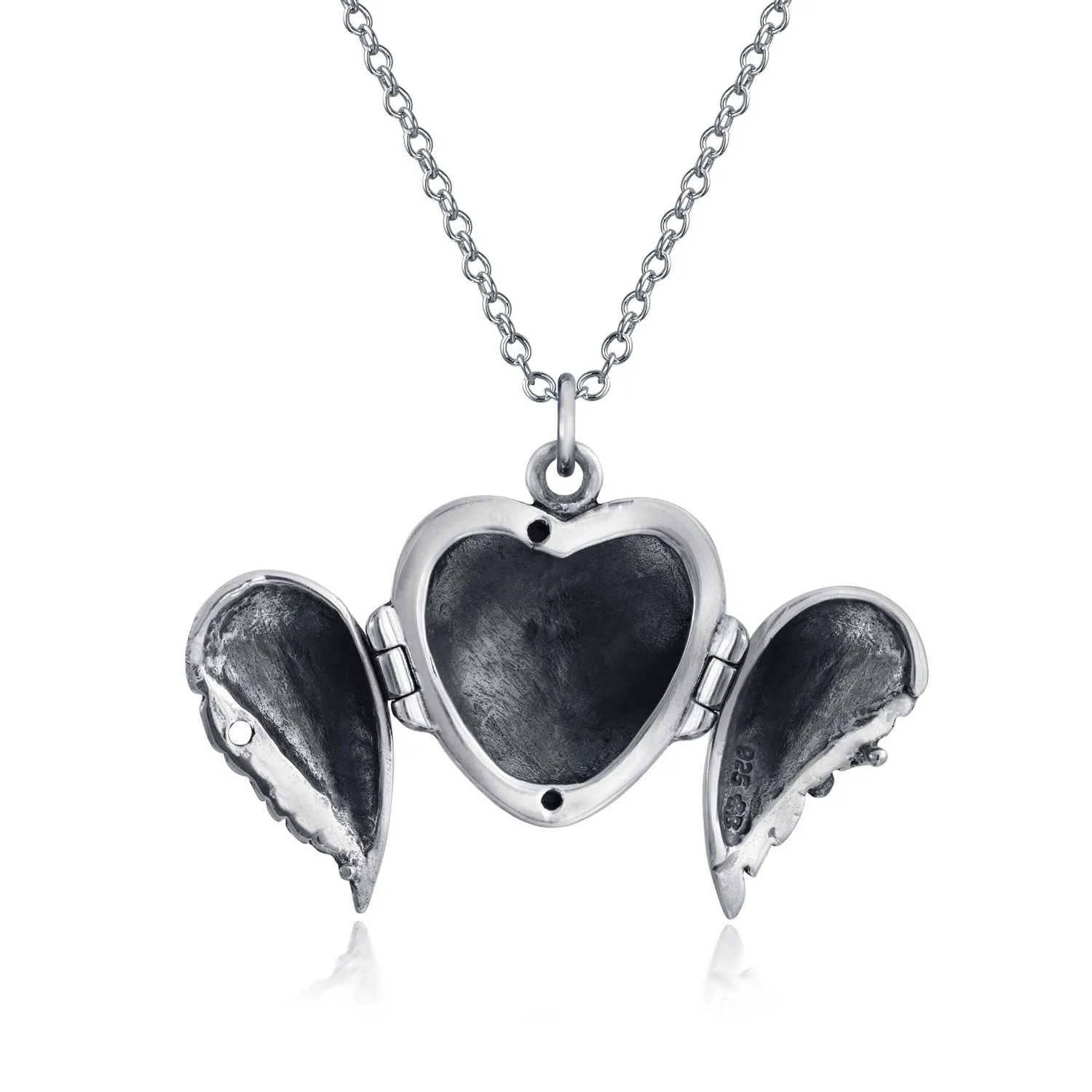 Guardian Angel Wing Feather Heart Photo Locket Pendant Necklace Sterling Silver
