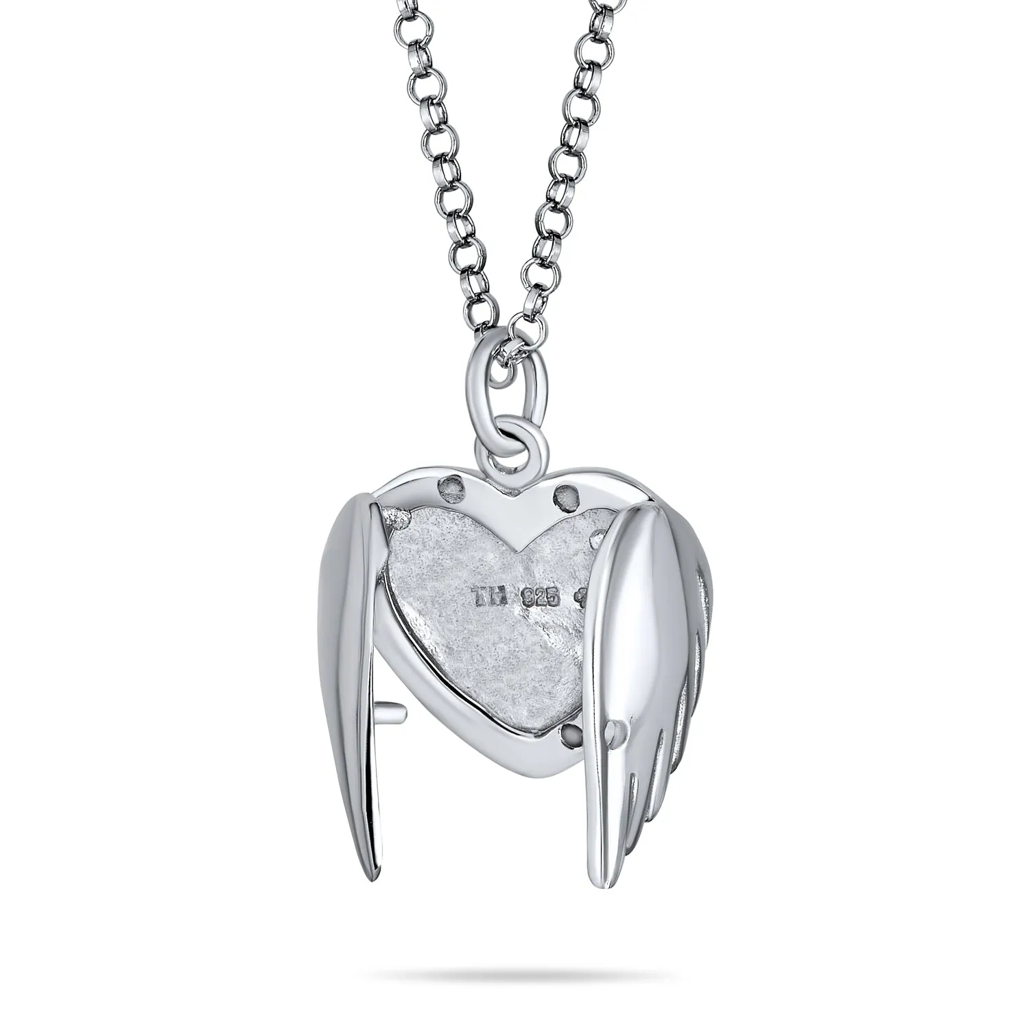 Guardian Angel Wing Feather Heart Photo Locket Pendant Necklace Sterling Silver