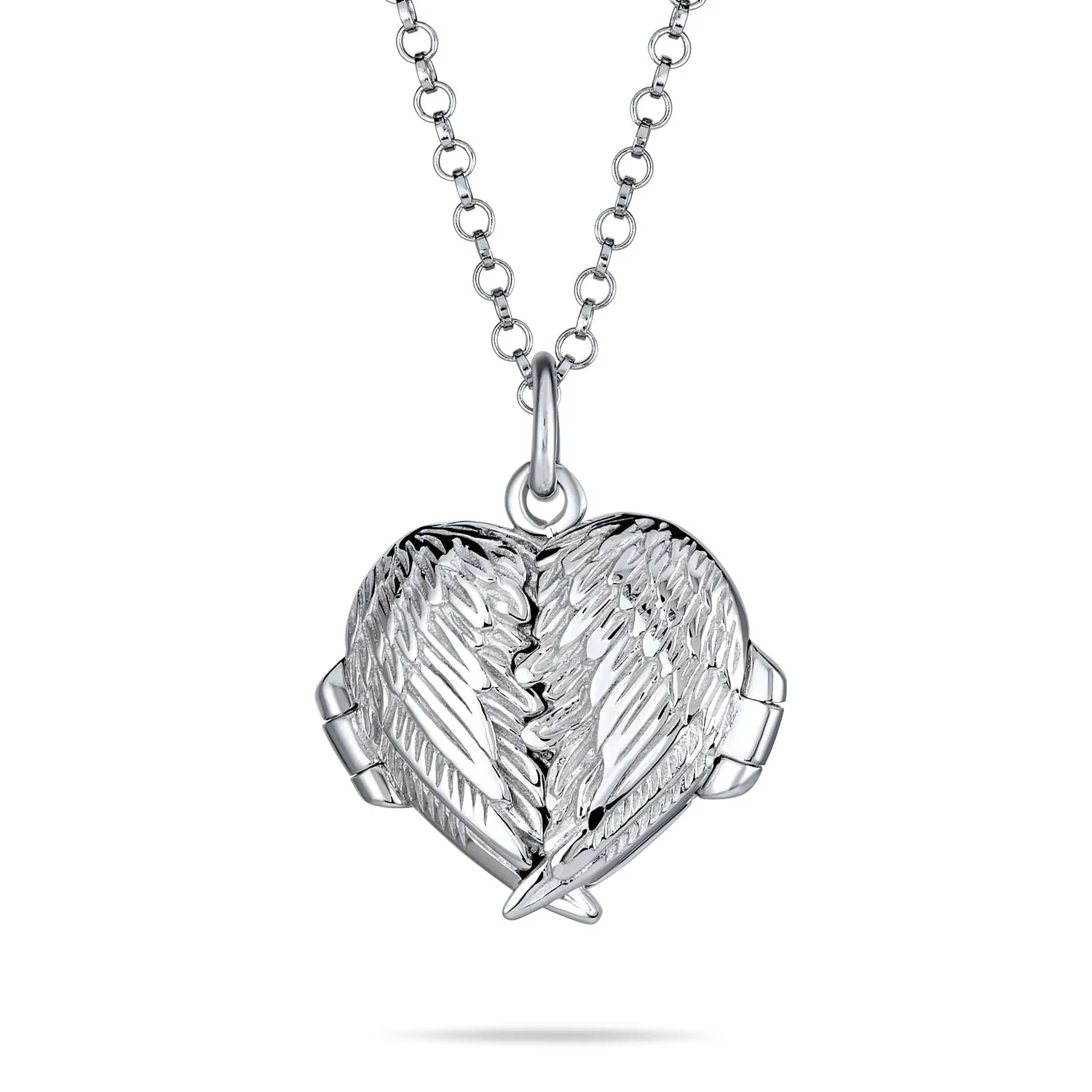 Guardian Angel Wing Feather Heart Photo Locket Pendant Necklace Sterling Silver