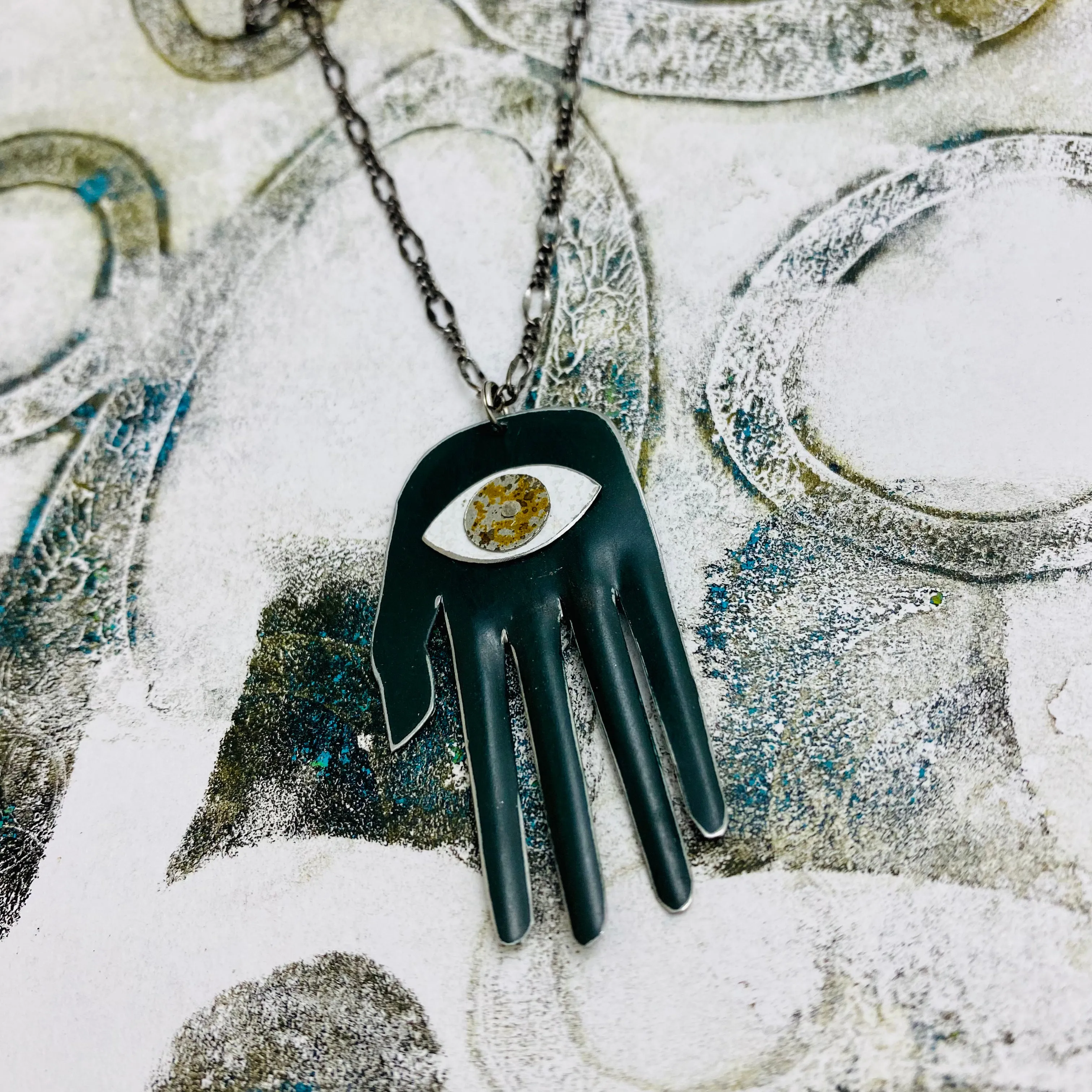 Hamsa in Deep Forest Talisman Zero Waste Tin Necklace