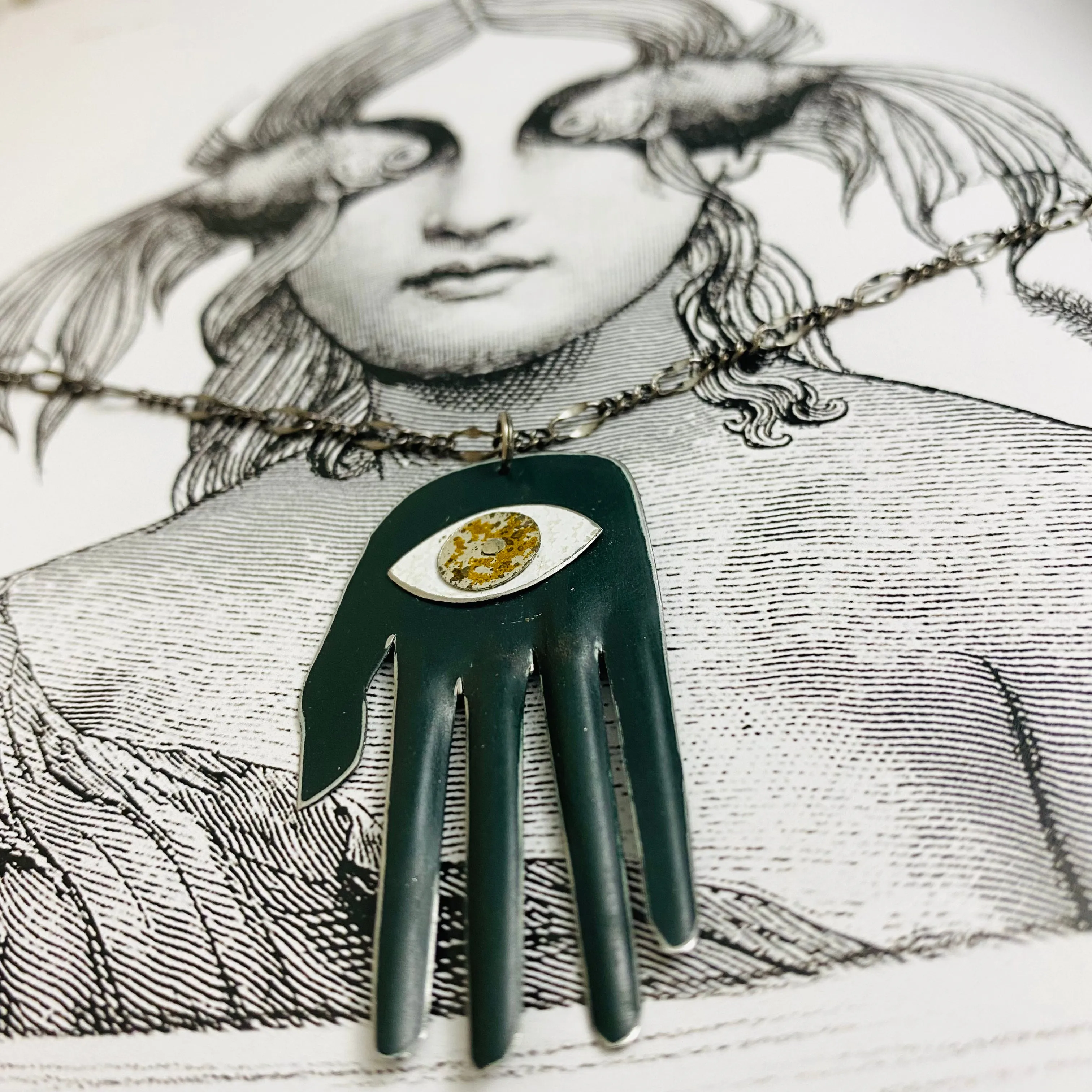 Hamsa in Deep Forest Talisman Zero Waste Tin Necklace