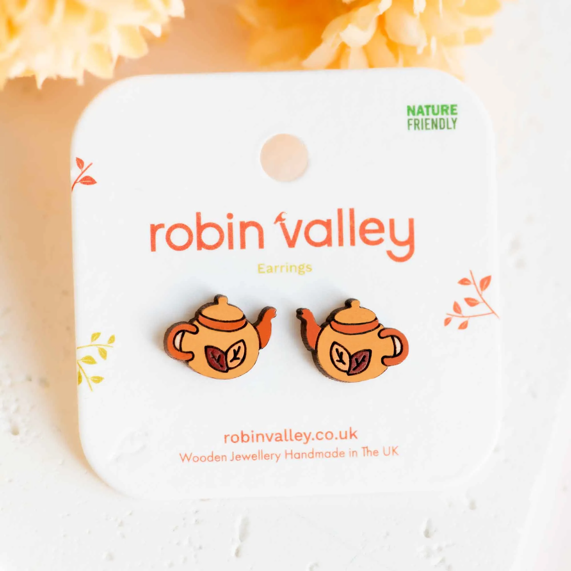Hand-painted Leaf Teapot Wooden Earrings - PET15350