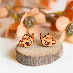Hand-painted Leaf Teapot Wooden Earrings - PET15350