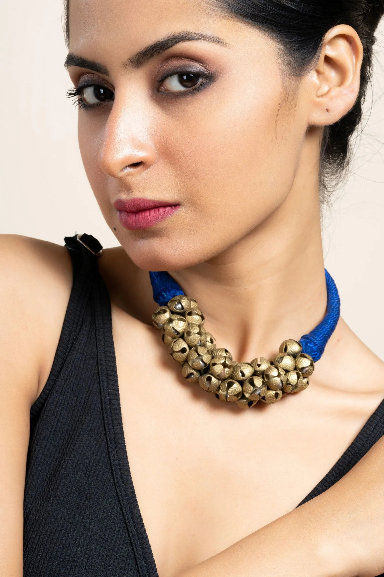 Handmade Golden Brass Ghungroo Necklace, Adjustable Dori, Unique Ghungroo Jewelry for Women
