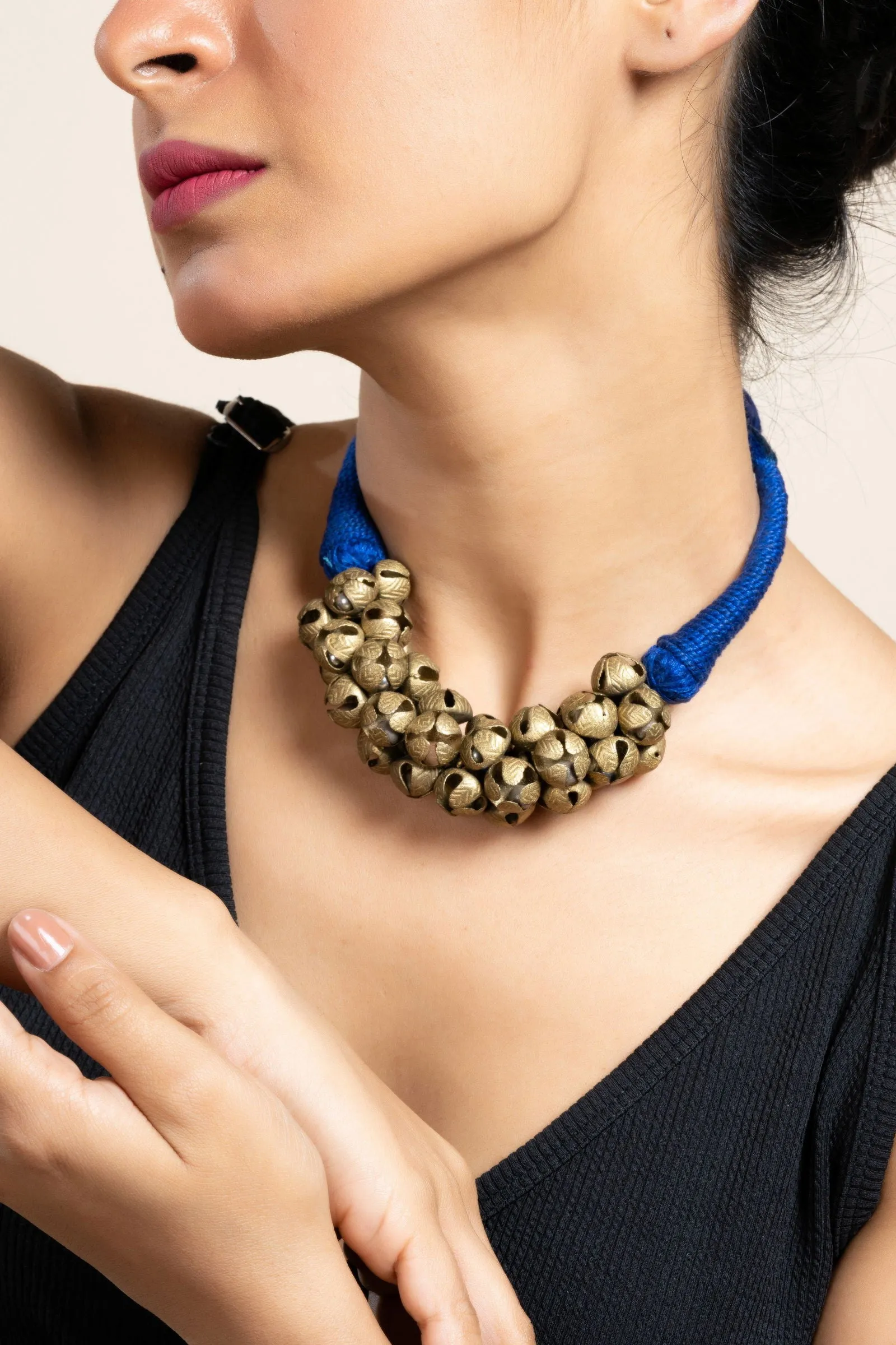 Handmade Golden Brass Ghungroo Necklace, Adjustable Dori, Unique Ghungroo Jewelry for Women