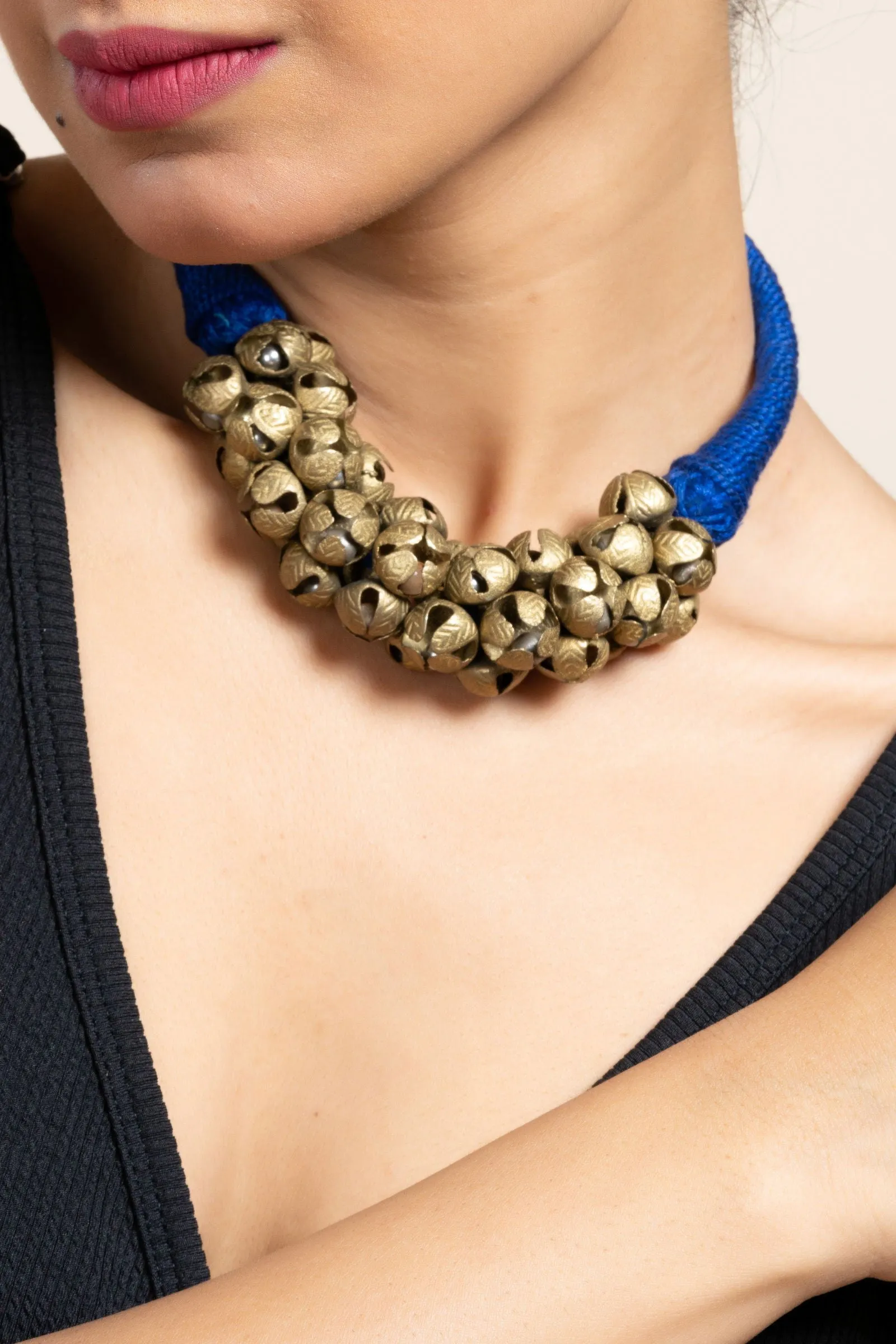 Handmade Golden Brass Ghungroo Necklace, Adjustable Dori, Unique Ghungroo Jewelry for Women