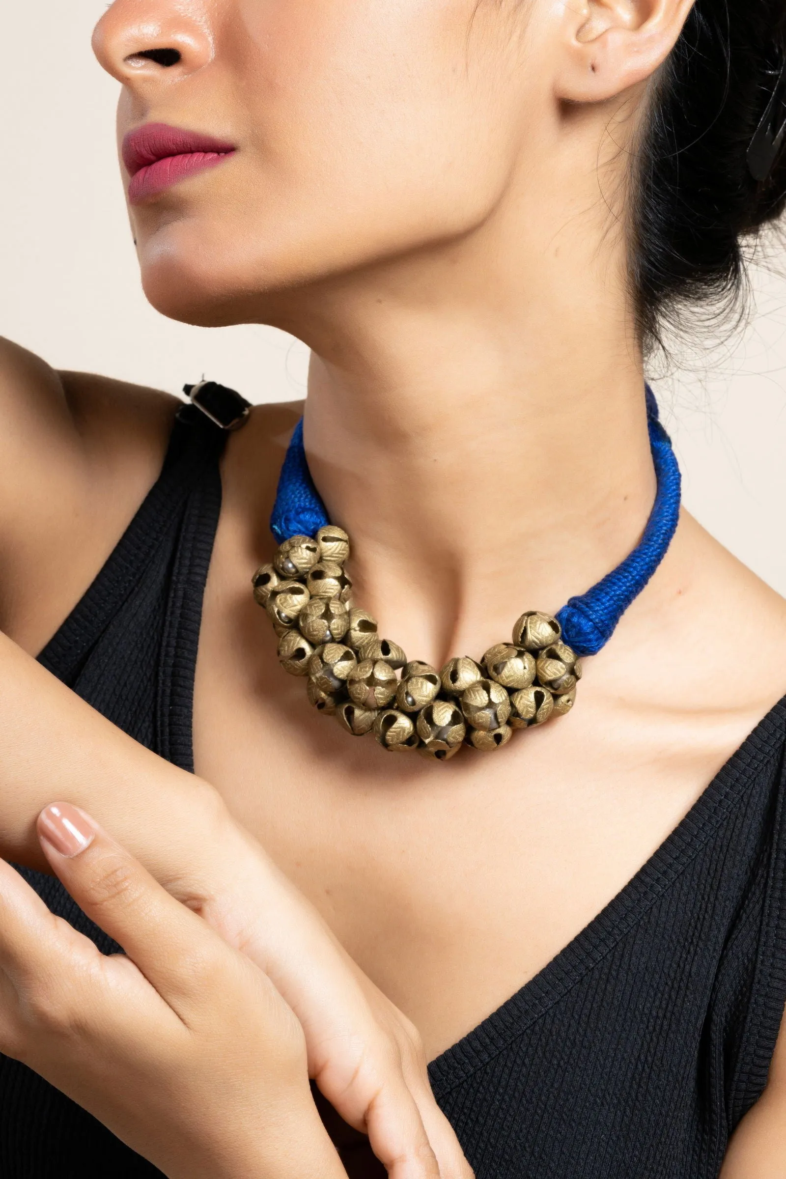 Handmade Golden Brass Ghungroo Necklace, Adjustable Dori, Unique Ghungroo Jewelry for Women