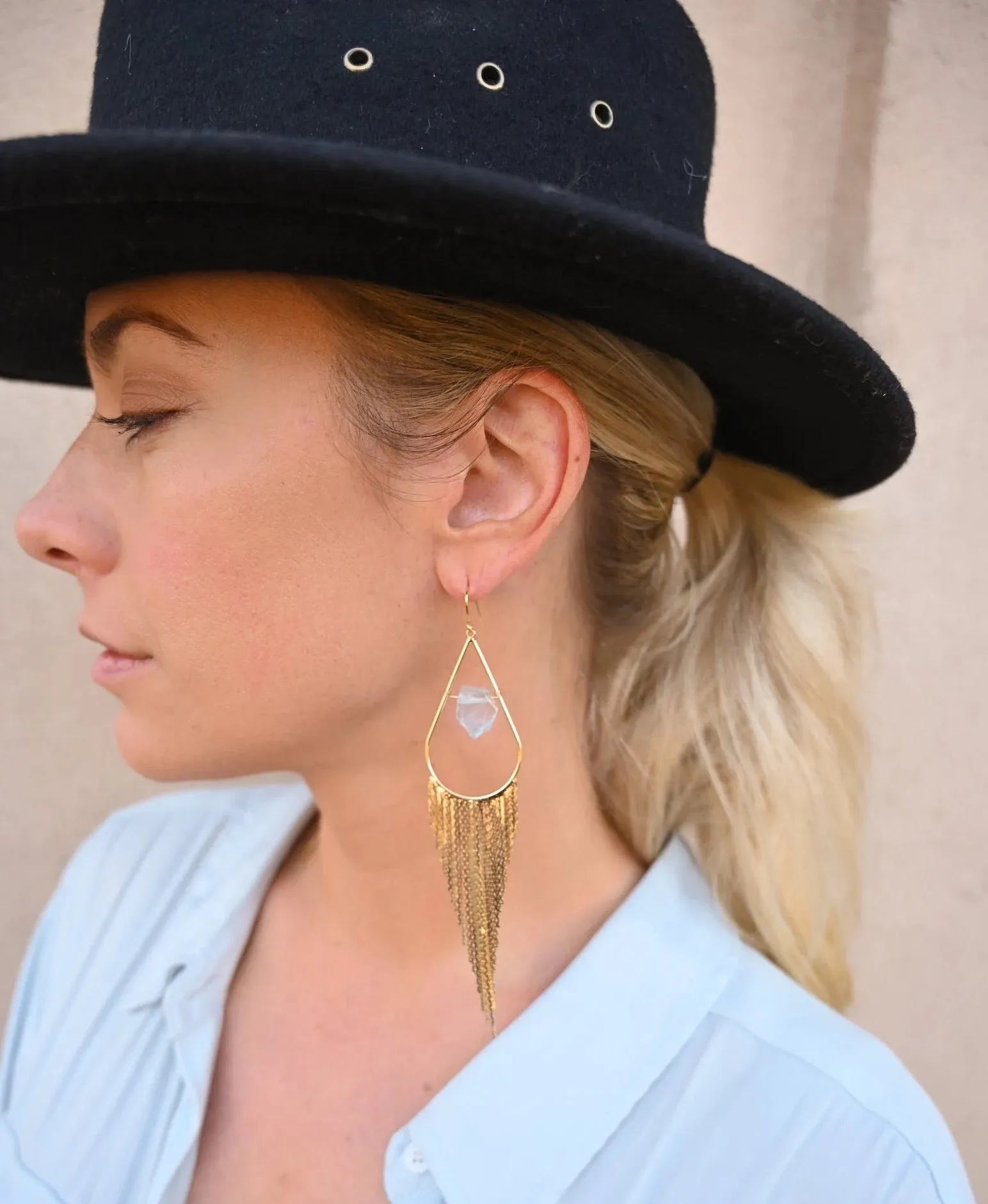 I Trust Aquamarine Gold Fringe Earrings