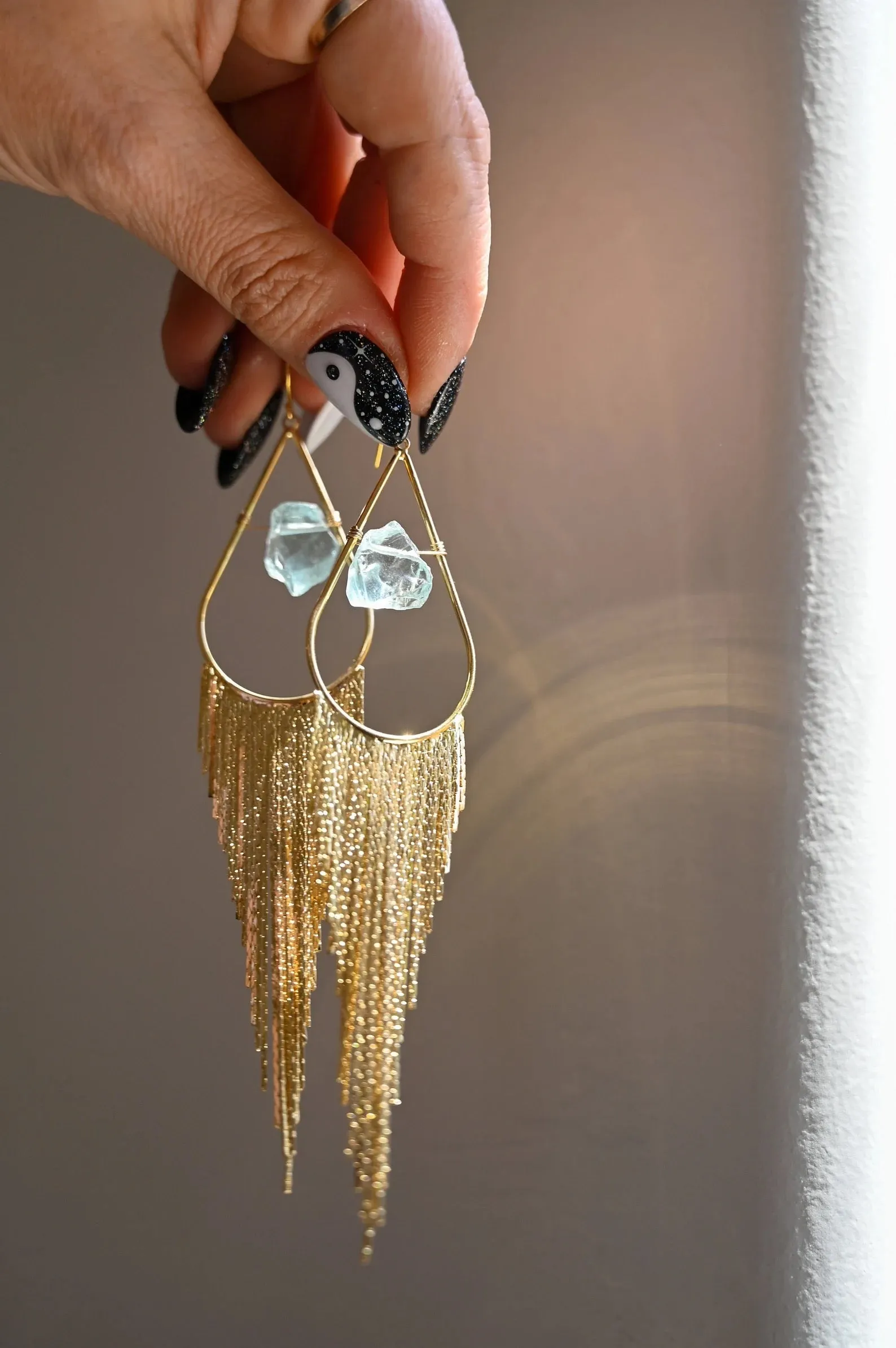 I Trust Aquamarine Gold Fringe Earrings
