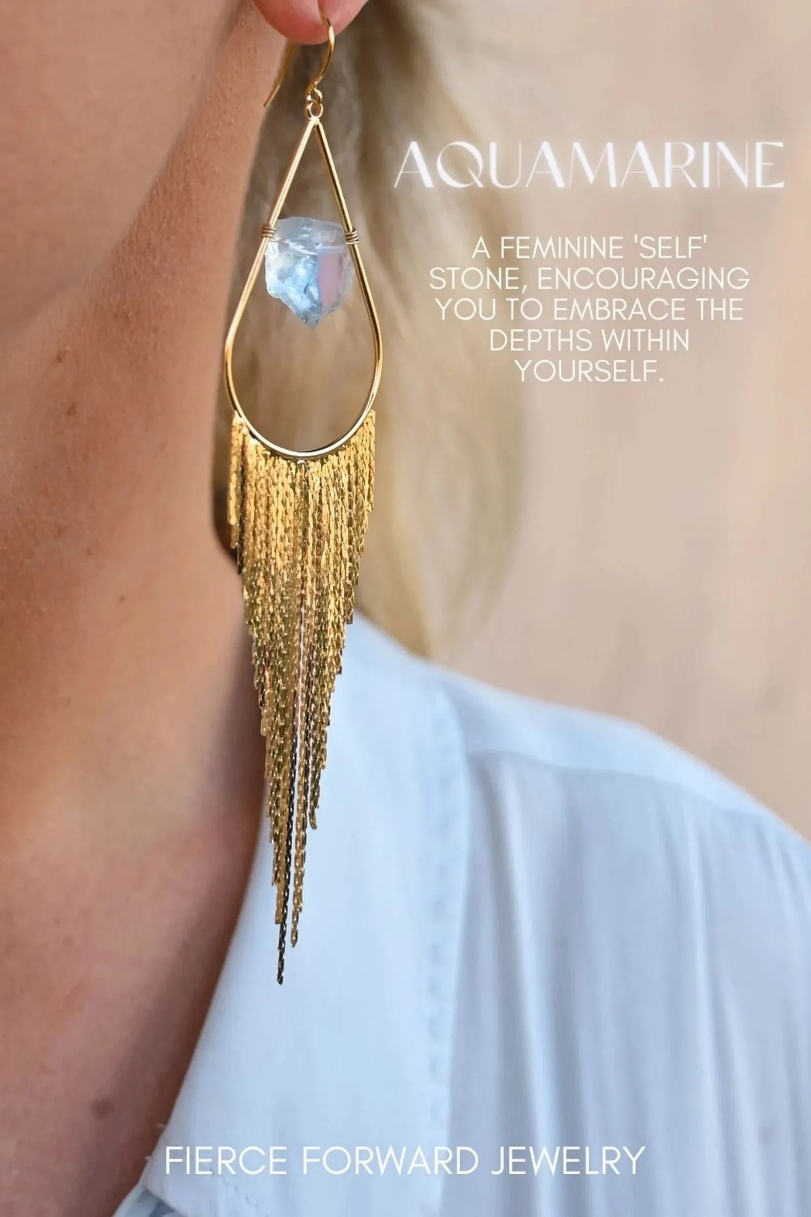 I Trust Aquamarine Gold Fringe Earrings