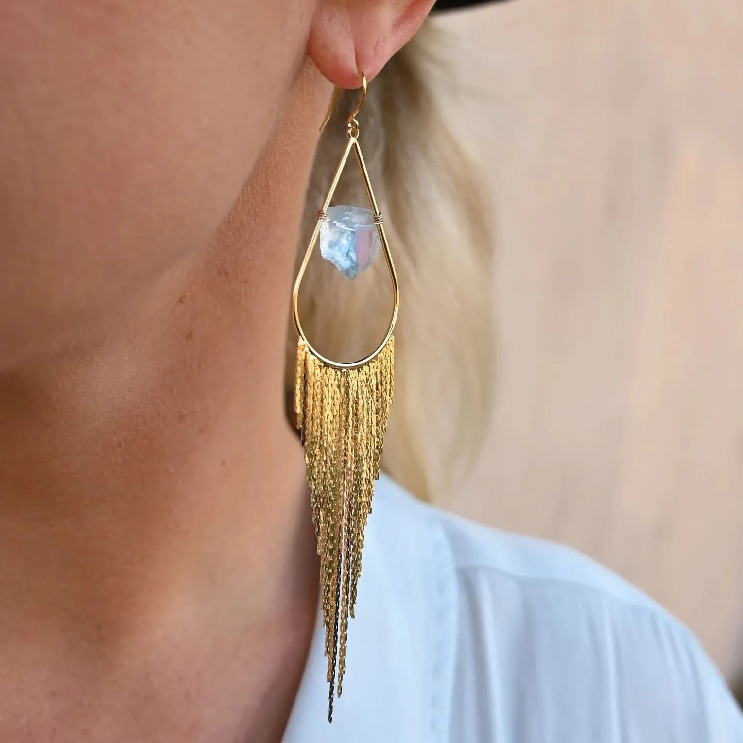 I Trust Aquamarine Gold Fringe Earrings
