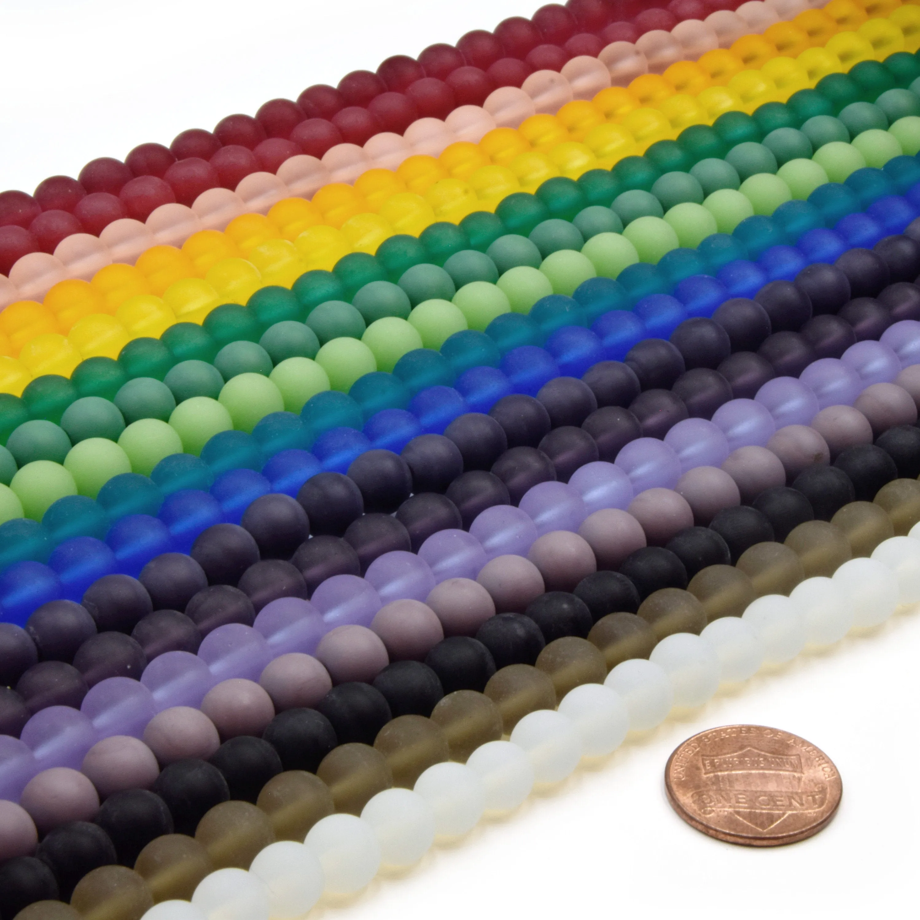 Indian Glass Beads - 8mm Matte Round Shaped Beach Glass Beads in Red, Yellow, Orange, Purple, Blue, Green, Black, White.