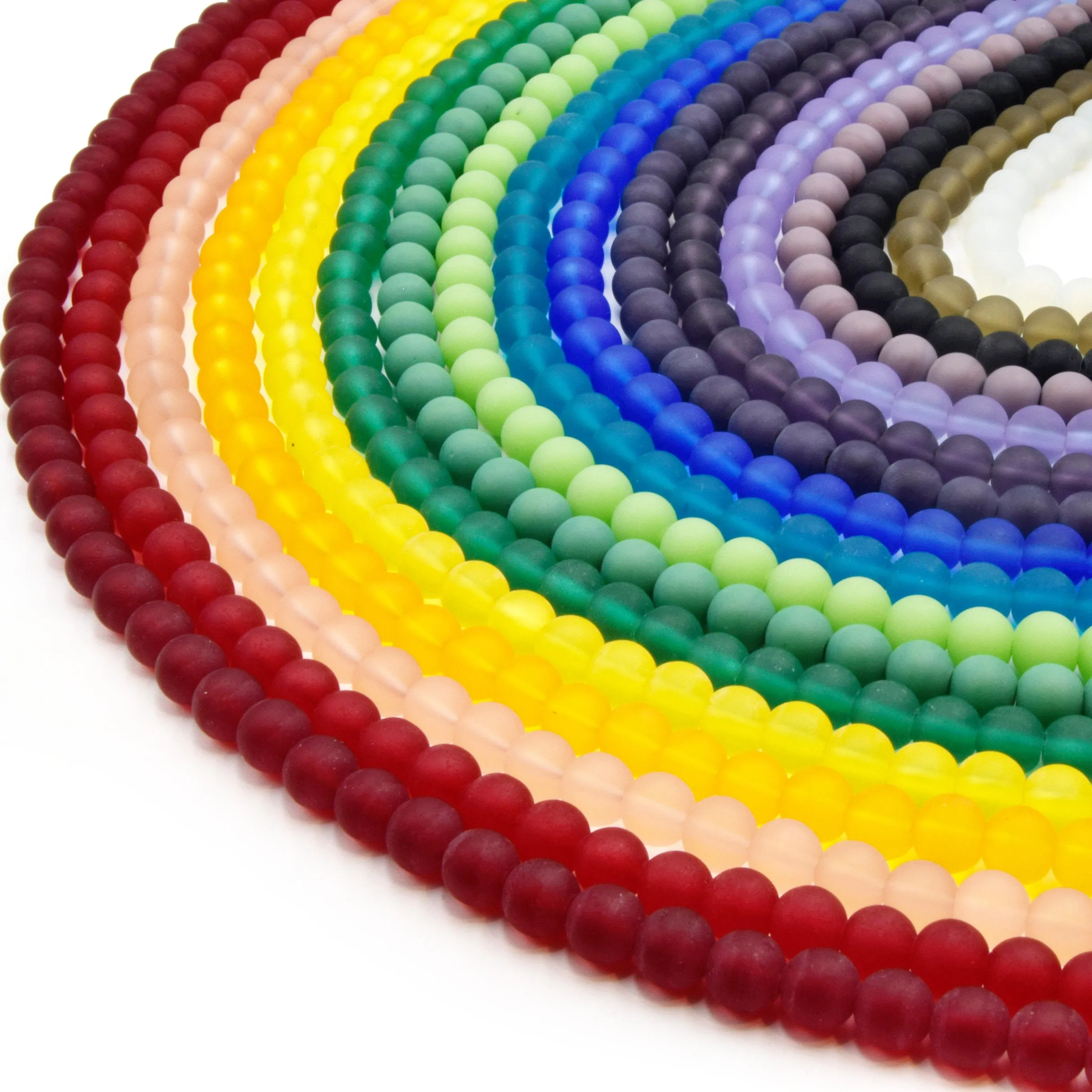 Indian Glass Beads - 8mm Matte Round Shaped Beach Glass Beads in Red, Yellow, Orange, Purple, Blue, Green, Black, White.