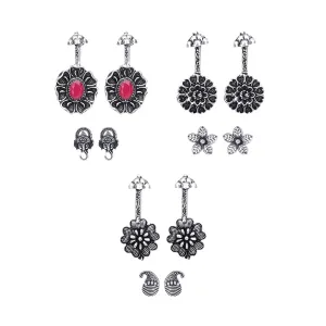 Kairangi Earrings for Women and Girls | Ear Cuffs Silver Oxidised Studs | Floral Shape stud and Drop Earrings Combo | Birthday Gift for girls & women Anniversary Gift for Wife