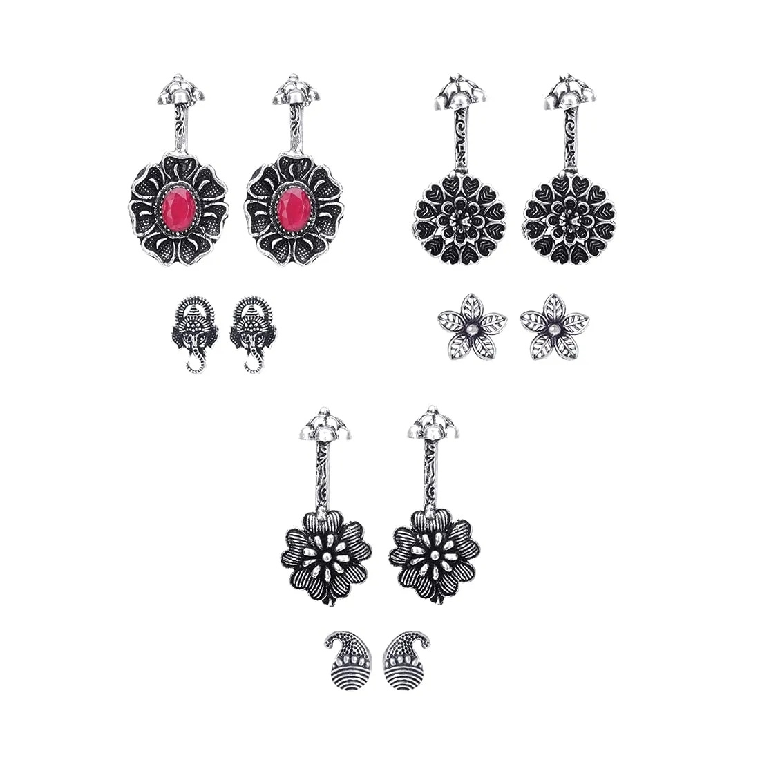 Kairangi Earrings for Women and Girls | Ear Cuffs Silver Oxidised Studs | Floral Shape stud and Drop Earrings Combo | Birthday Gift for girls & women Anniversary Gift for Wife
