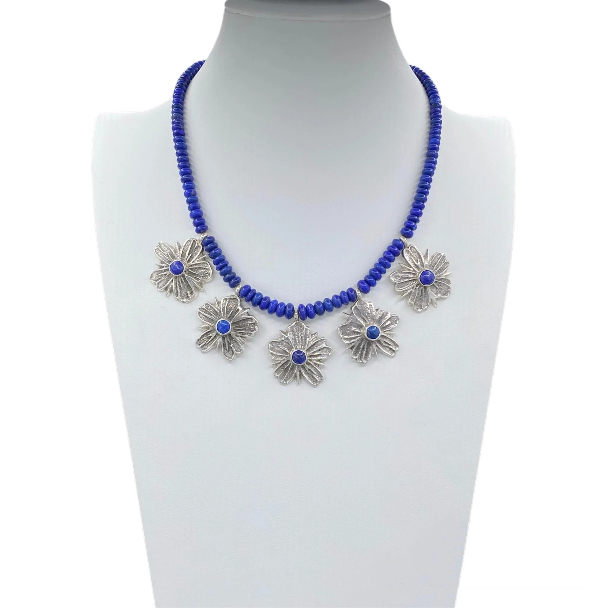 Lapis Tufa Cast Sterling Silver Navajo Blossom Necklace