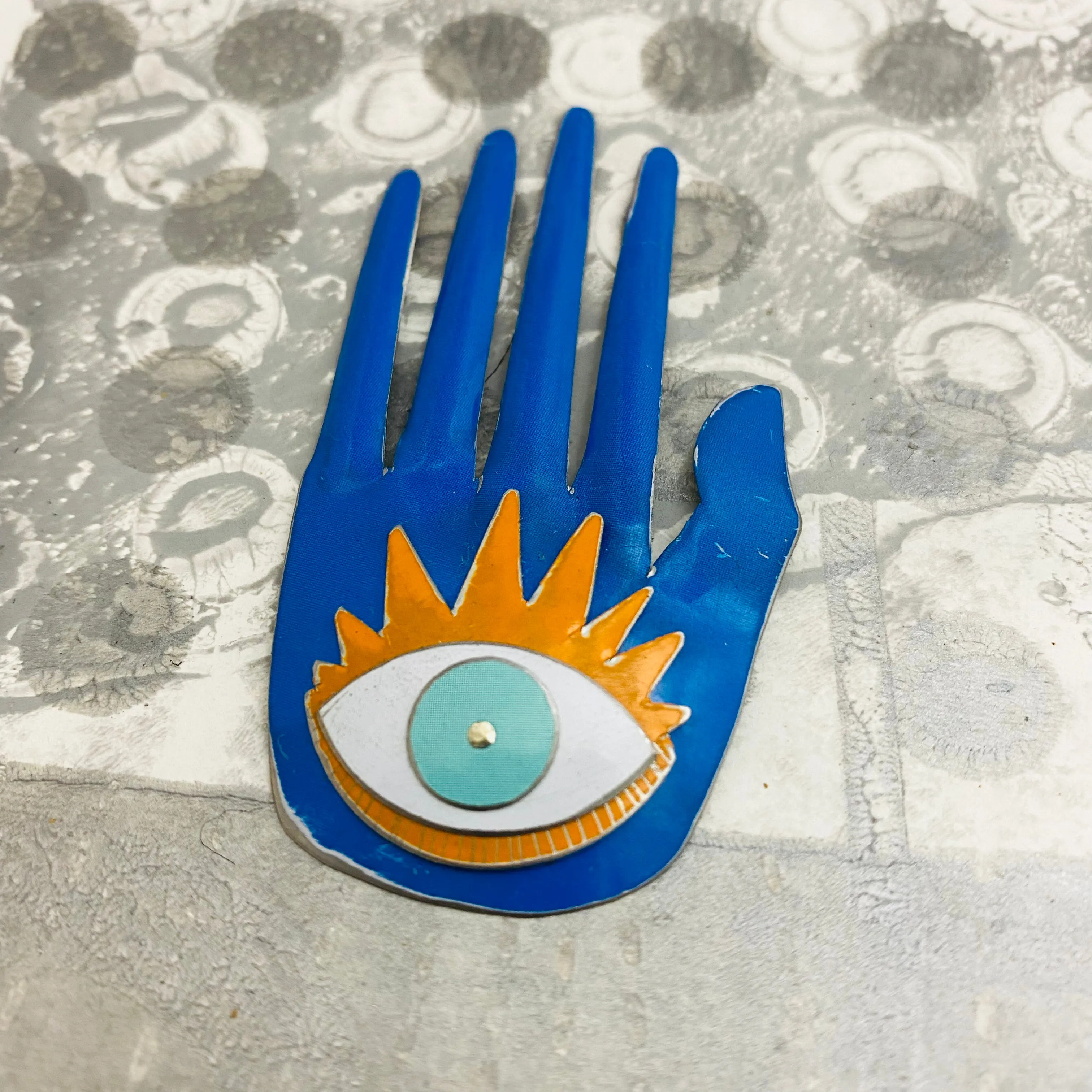 Large Hamsa In Sky Blue & Persimmon Tin Wall Art