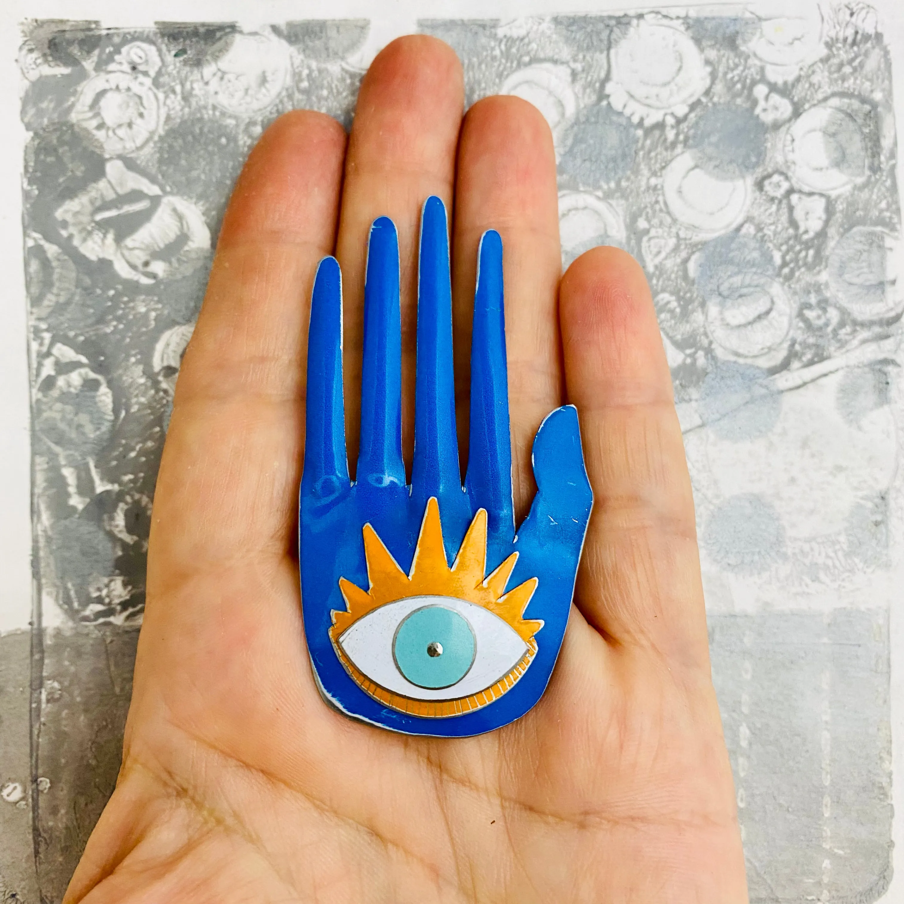 Large Hamsa In Sky Blue & Persimmon Tin Wall Art