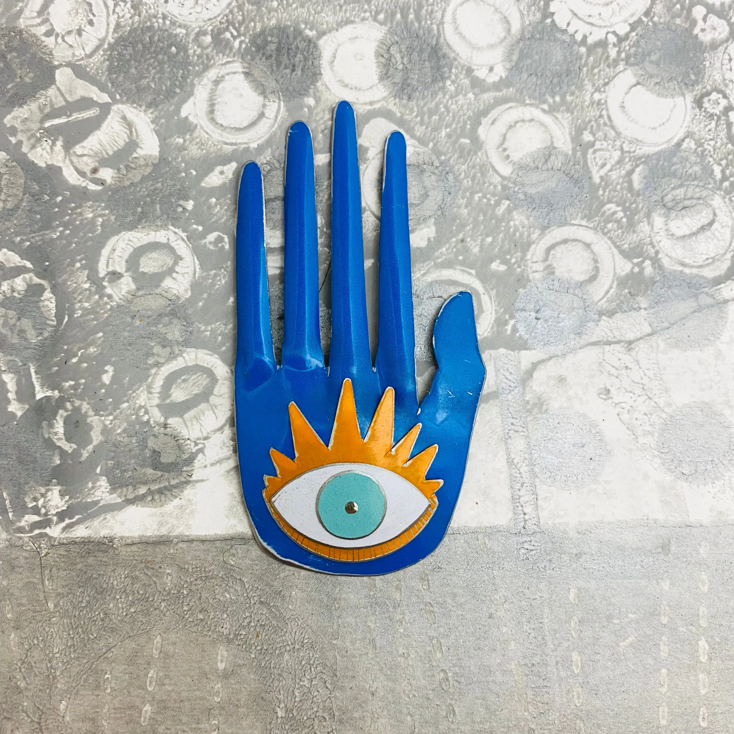 Large Hamsa In Sky Blue & Persimmon Tin Wall Art