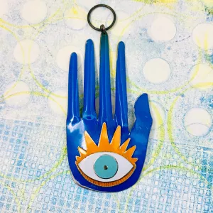 Large Hamsa In Sky Blue & Persimmon Tin Wall Art
