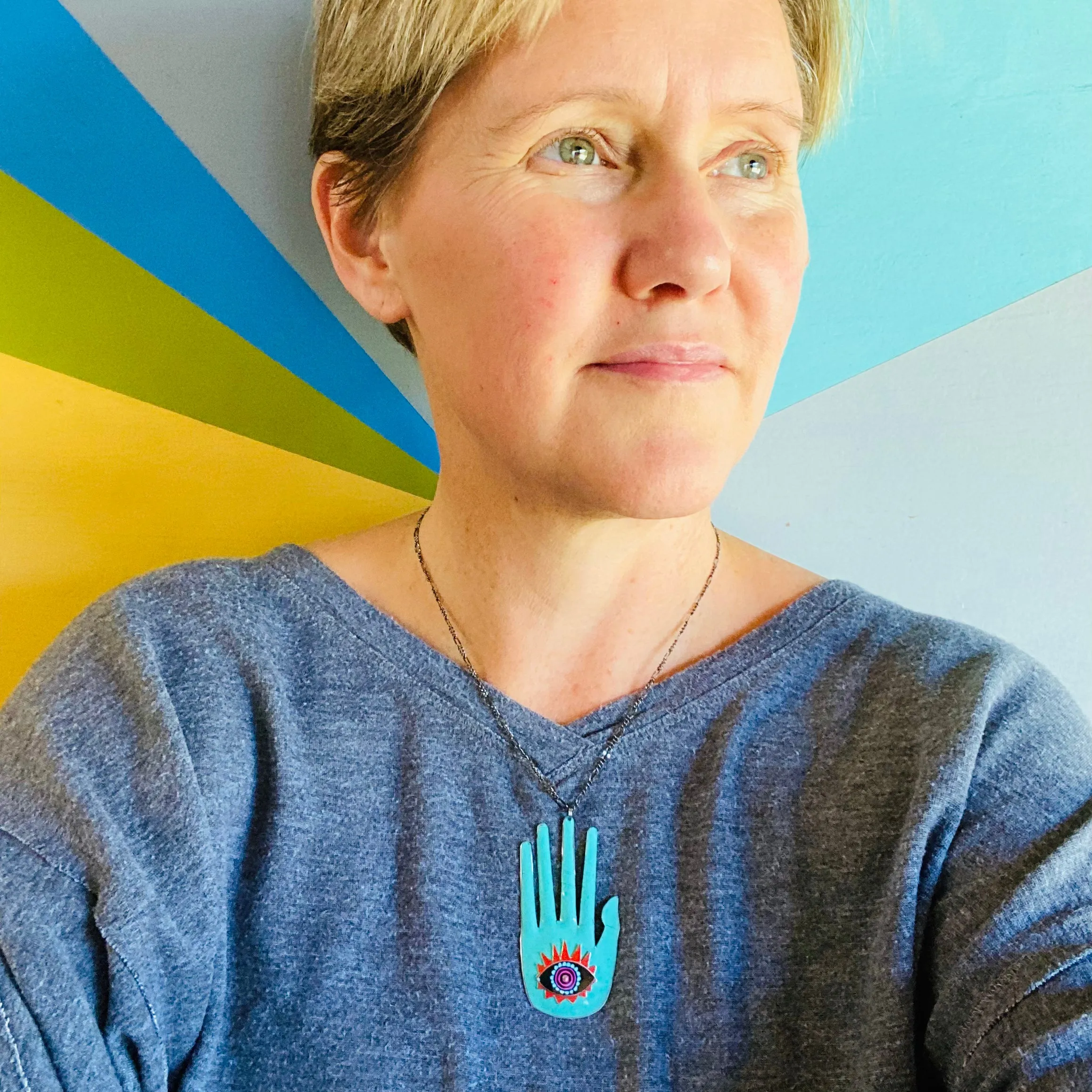 Large Hamsa In Tuquiose & Red Tin Necklace or Wall Art