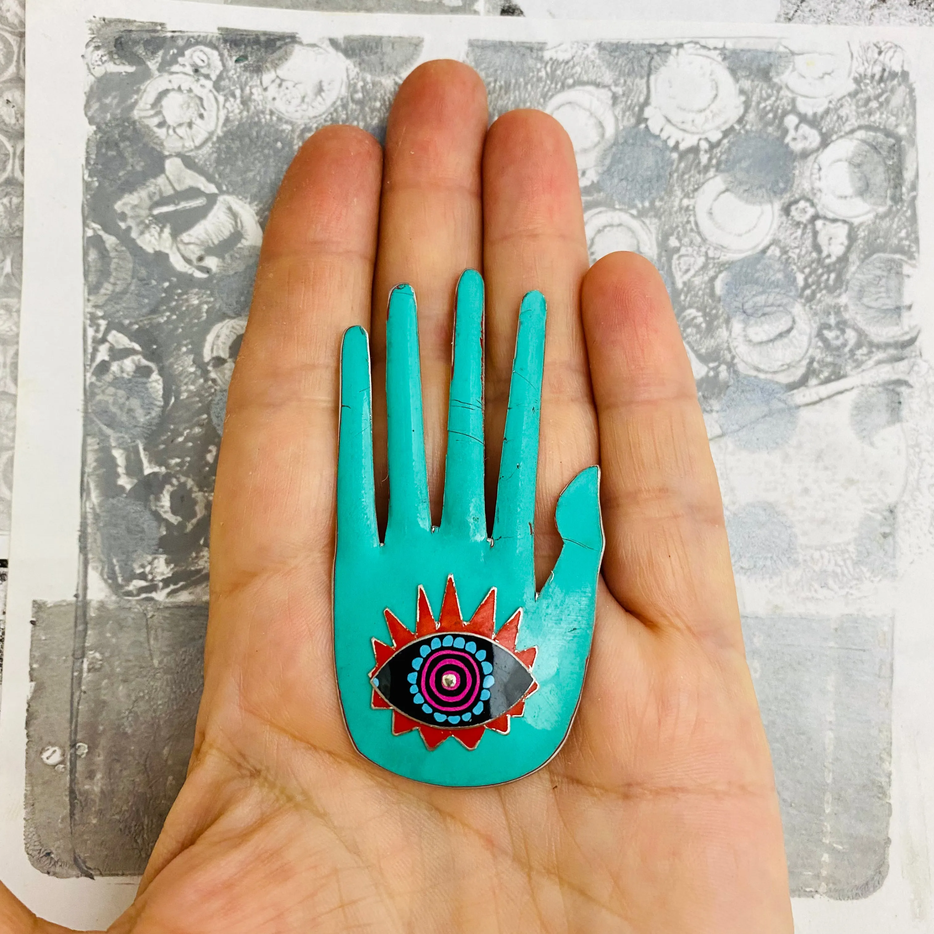 Large Hamsa In Tuquiose & Red Tin Necklace or Wall Art