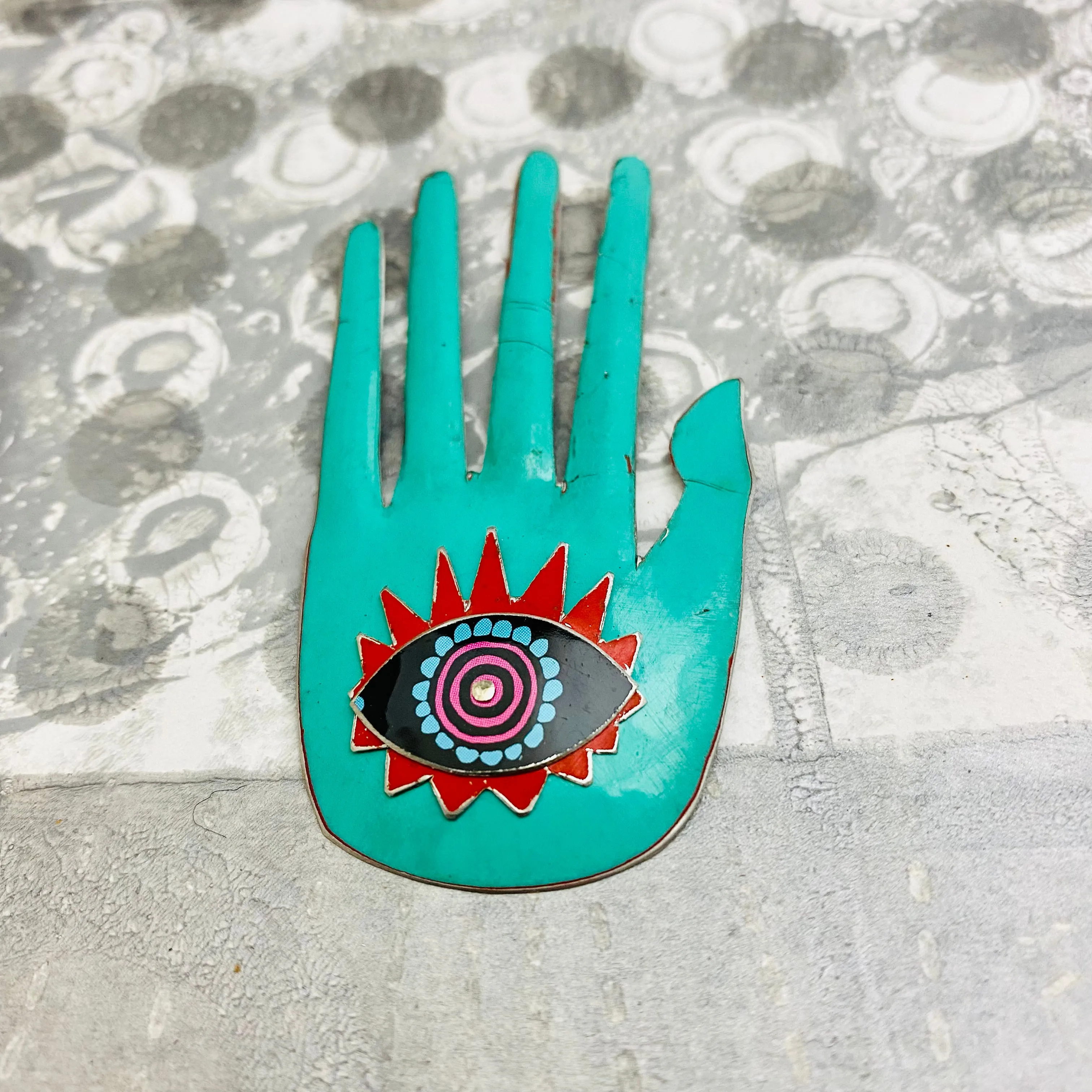 Large Hamsa In Tuquiose & Red Tin Necklace or Wall Art