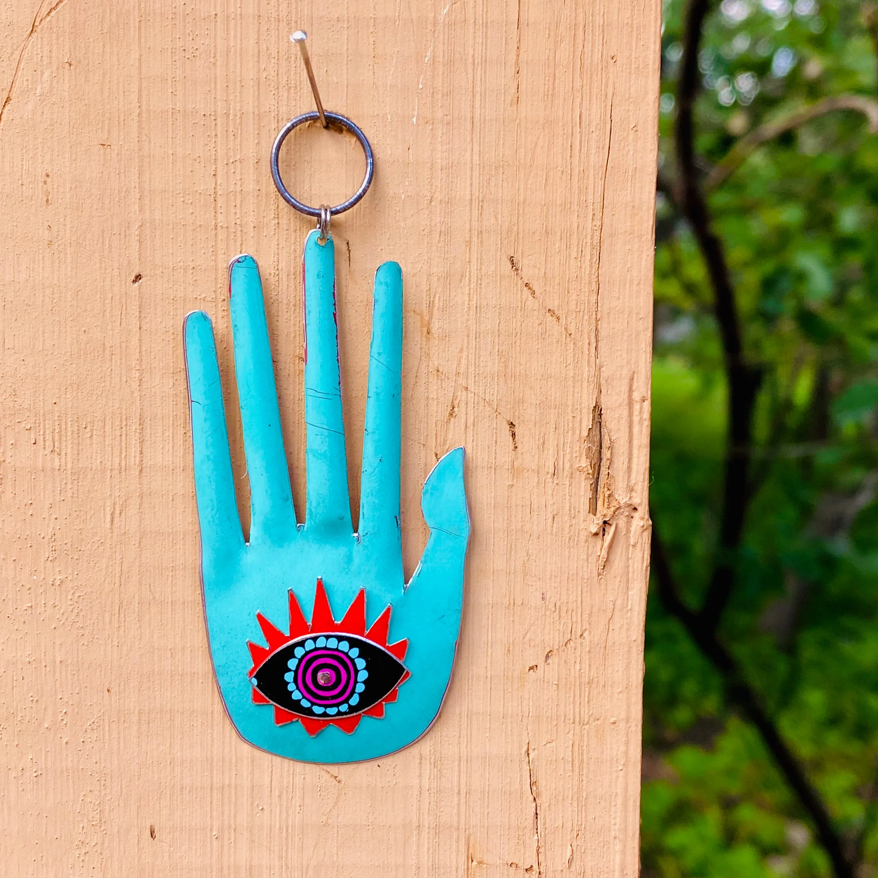 Large Hamsa In Tuquiose & Red Tin Necklace or Wall Art