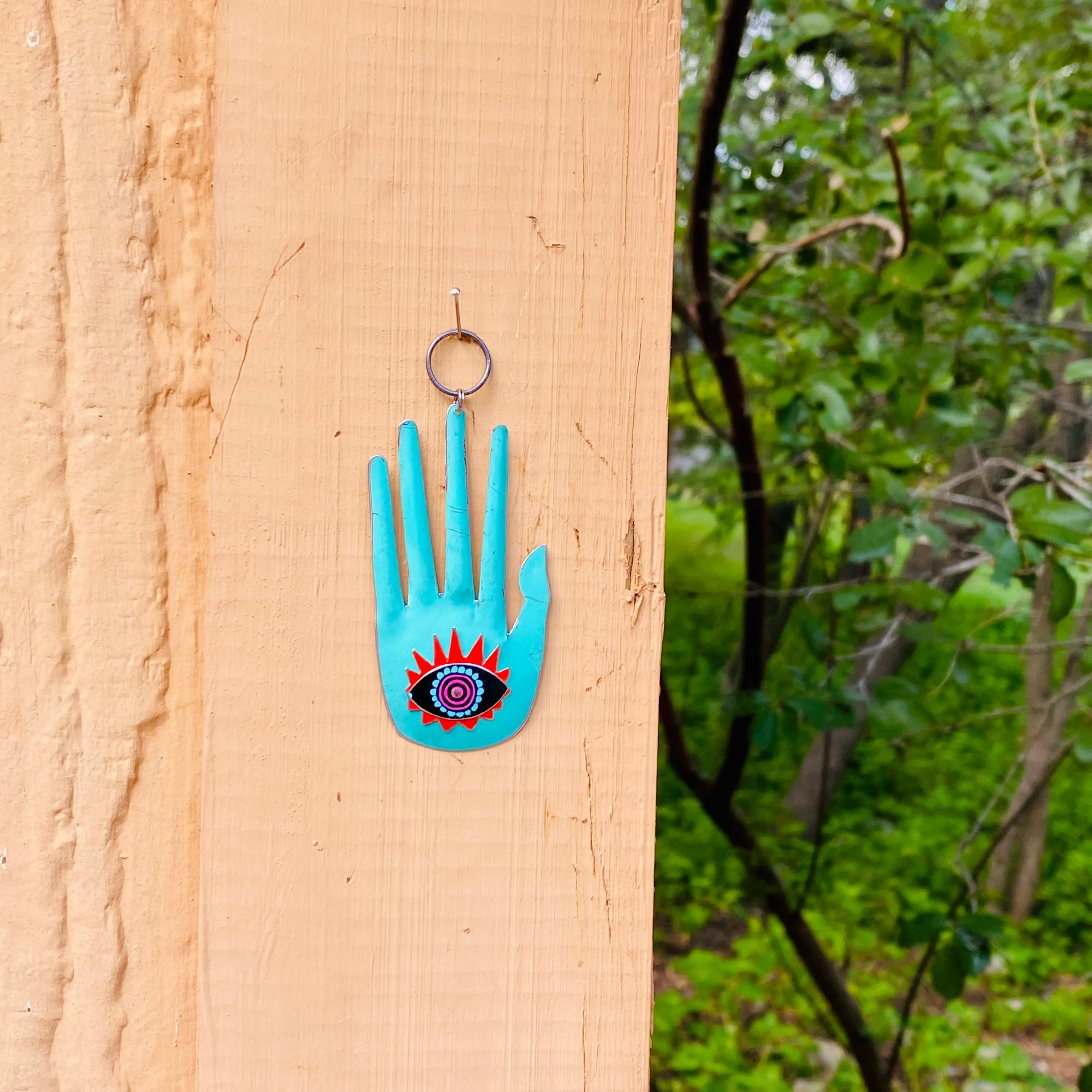 Large Hamsa In Tuquiose & Red Tin Necklace or Wall Art