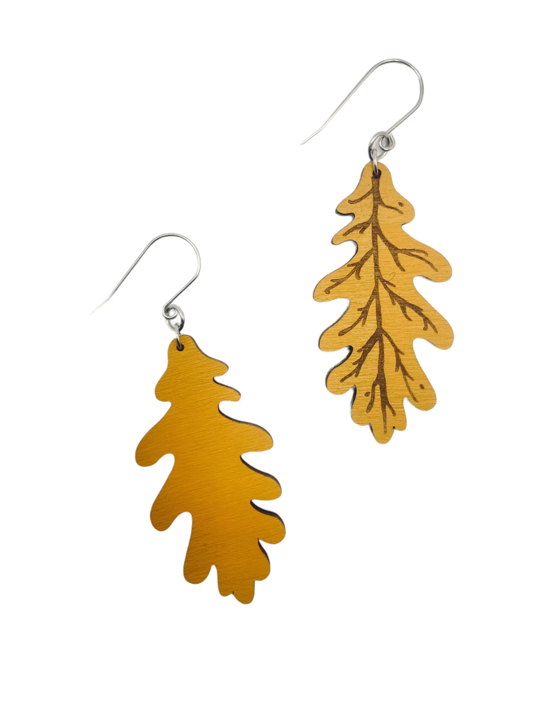 Lightweight Laser-Cut Ochre Oak Leaf Dangle Statement Earrings – Hypoallergenic, Made in Vermont