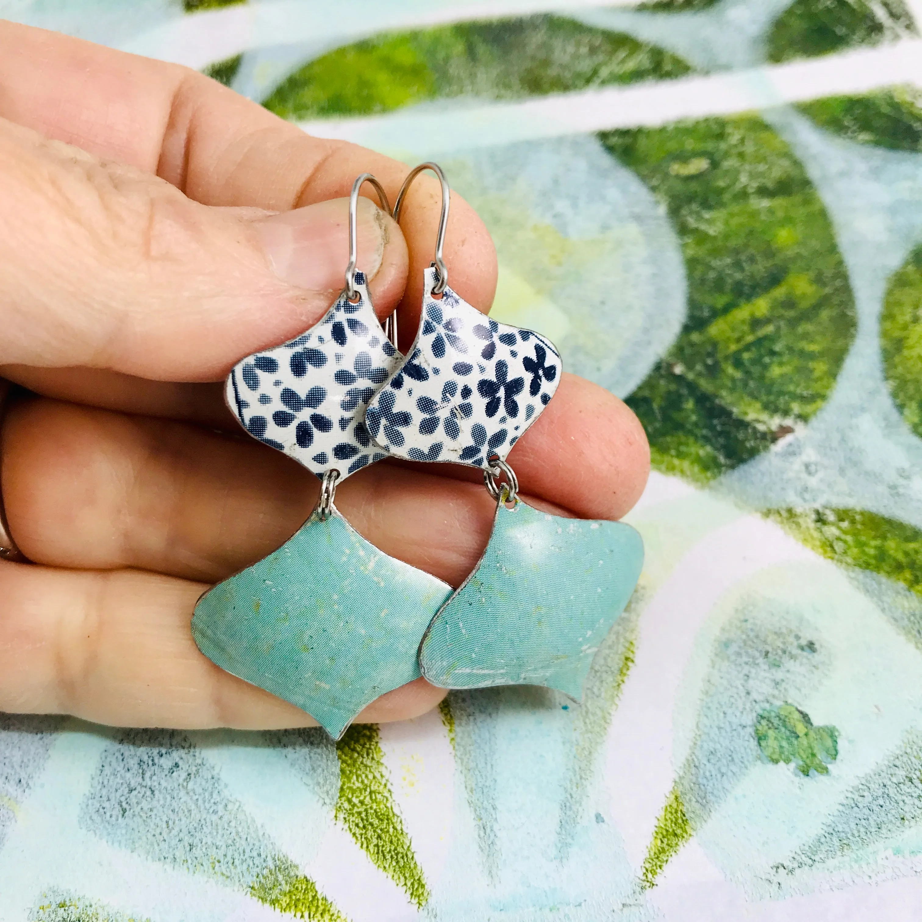 Little Blue Flowers and Pale Aqua Ray Zero Waste Tin Earrings