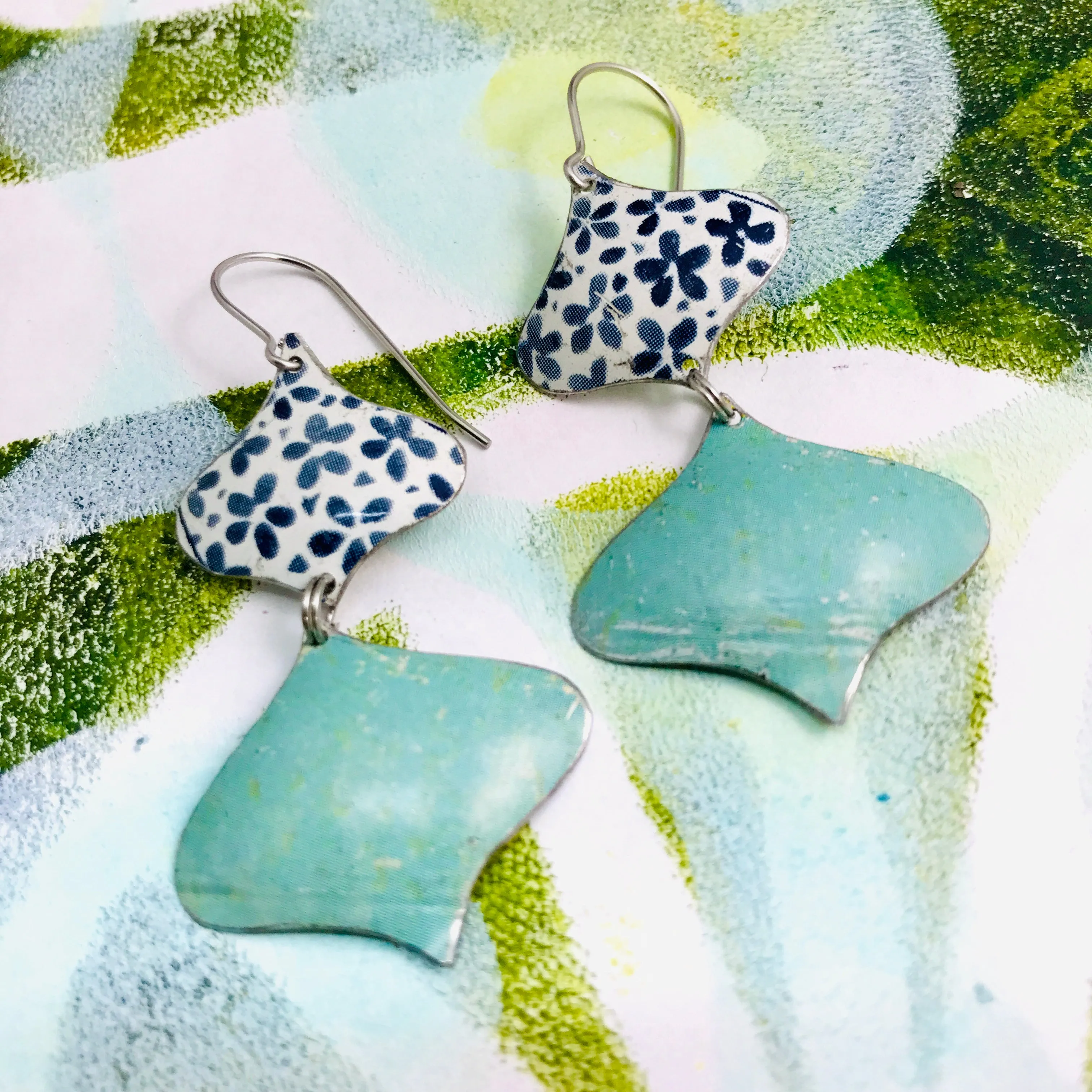 Little Blue Flowers and Pale Aqua Ray Zero Waste Tin Earrings