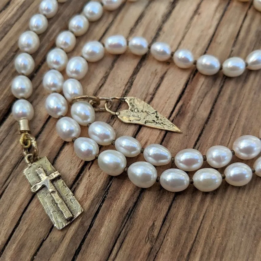 Long Pearl Necklace with Rustic Cross Pendant