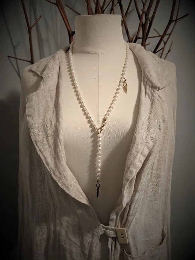 Long Pearl Necklace with Rustic Cross Pendant