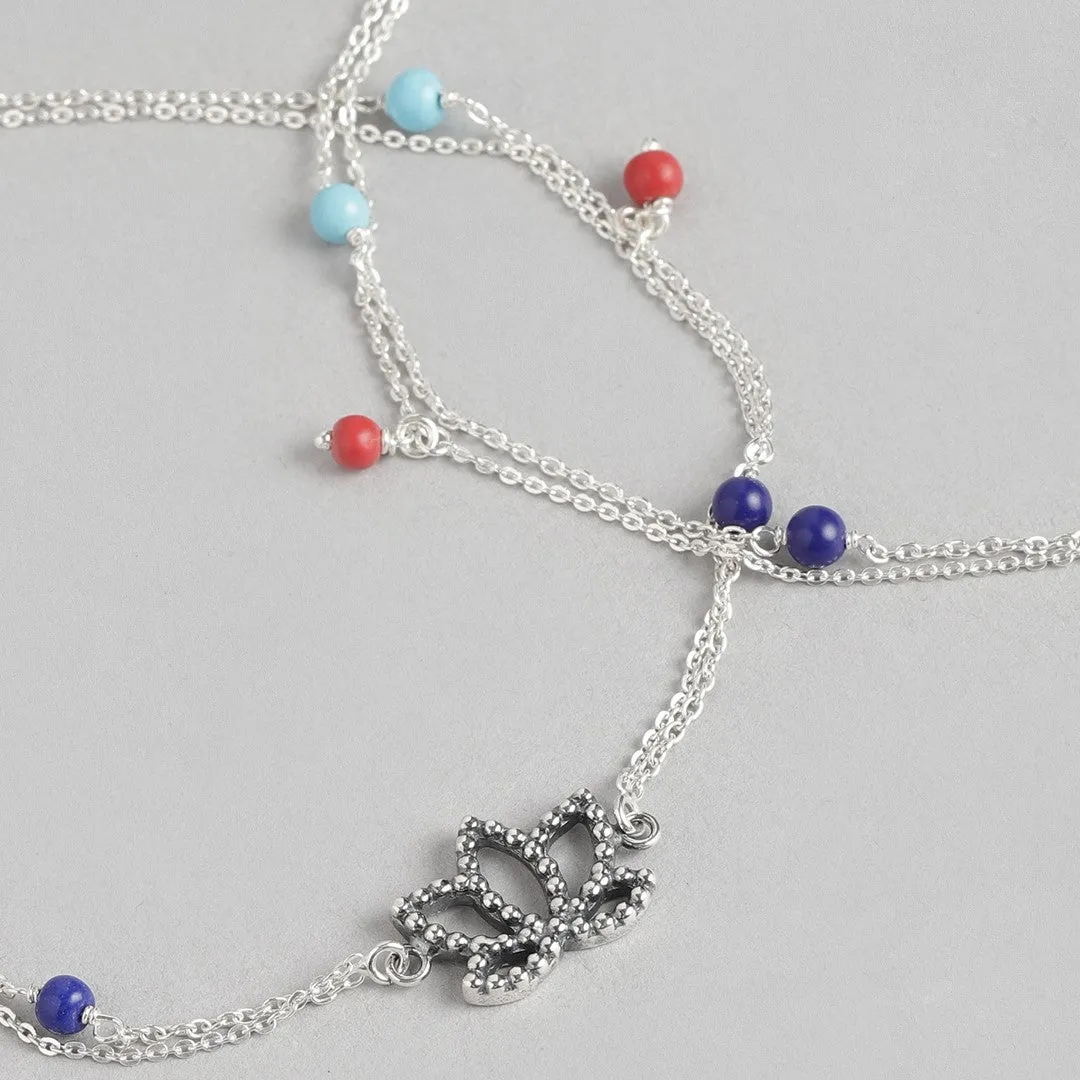 Lotus Blossom 925 Sterling Silver Anklet with Colorful Beads