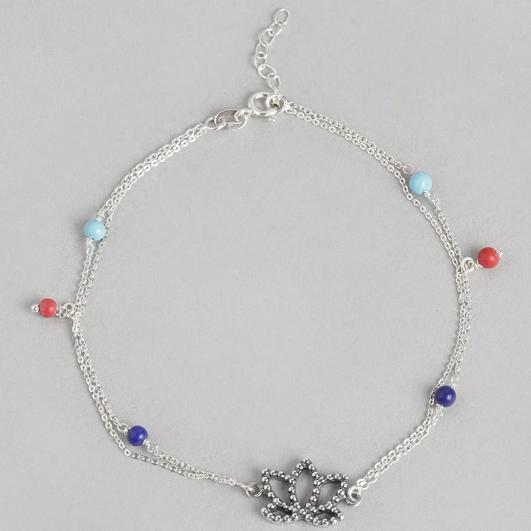 Lotus Blossom 925 Sterling Silver Anklet with Colorful Beads
