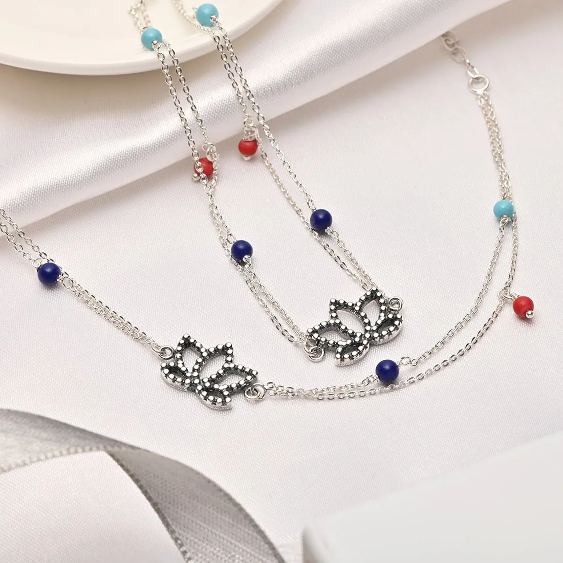 Lotus Blossom 925 Sterling Silver Anklet with Colorful Beads