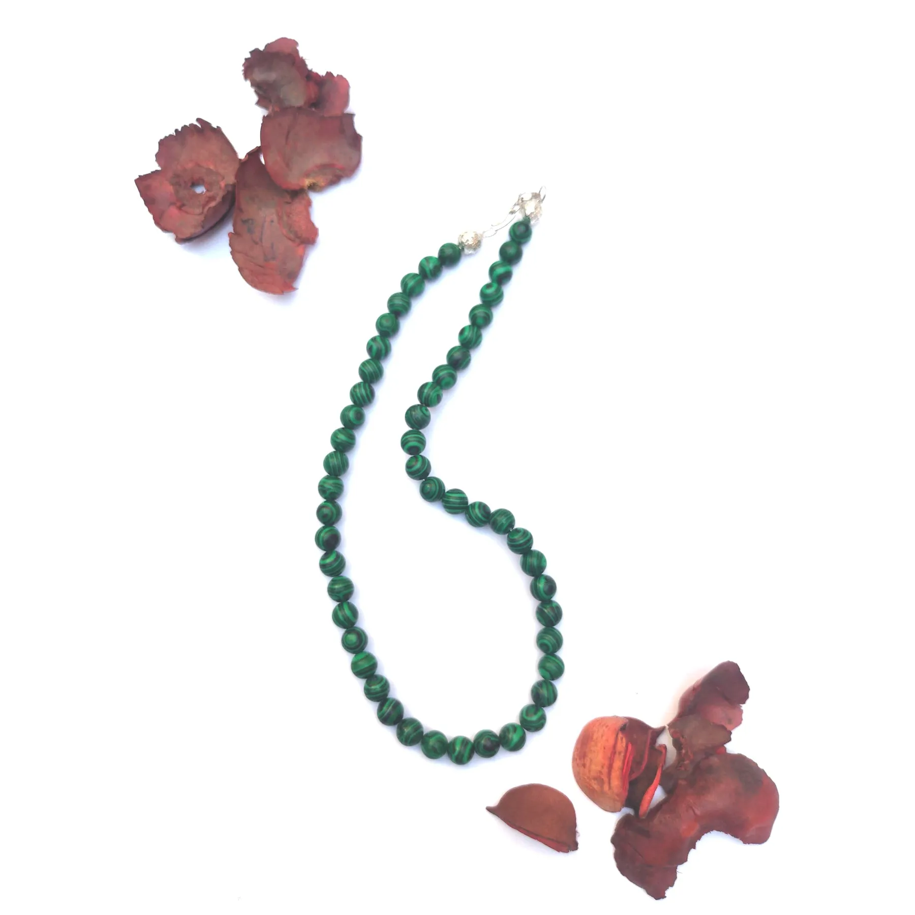 Malachite Crystal Round Beads Necklace 15 Inches, 6mm Beads (Semi-Precious Mala)